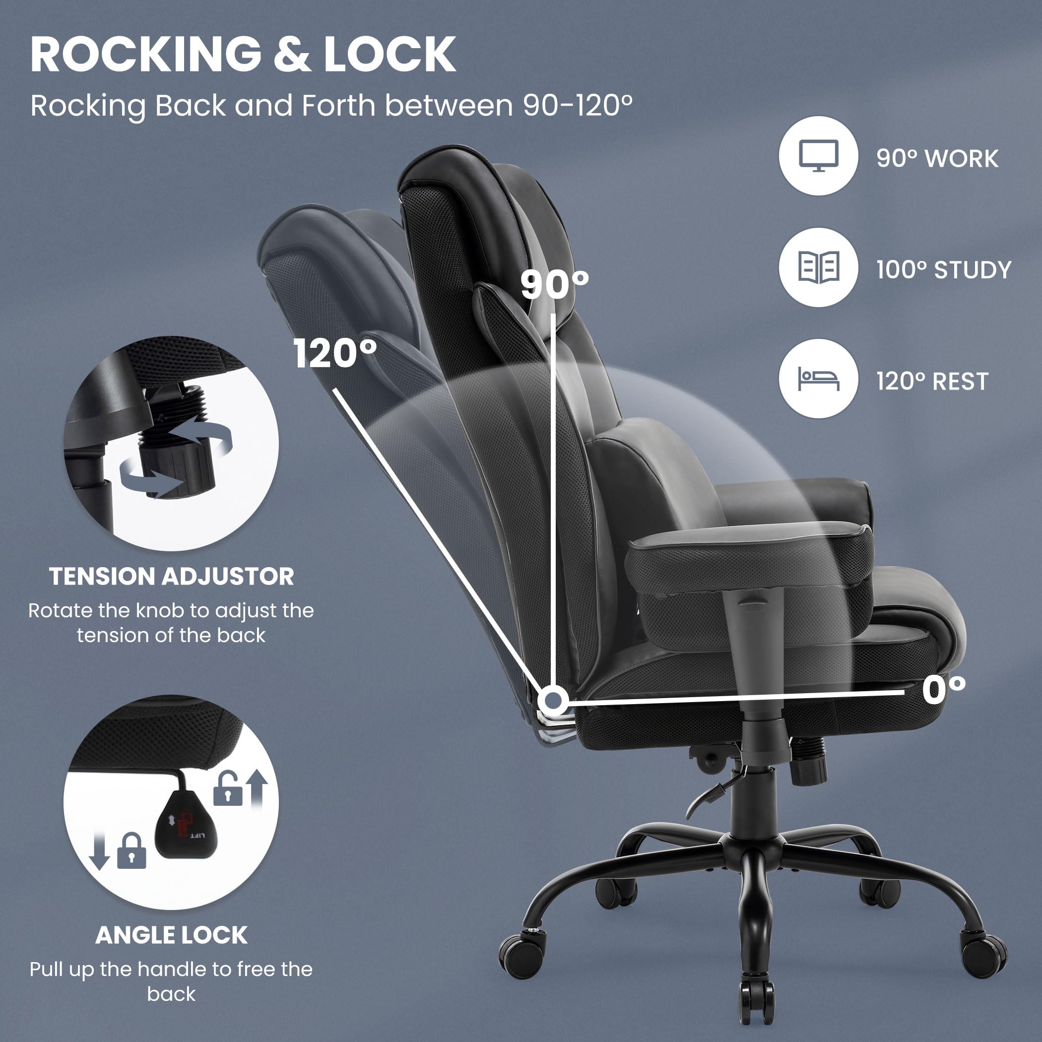 Big and Tall Office Chair for Heavy People up to 500lbs - Ergonomic High Back Executive Desk Chair with Adjustable Height, Lumbar Support & Padded Armrests - Rocking Massage Function (Dark Black) - Perfect for Home Office, Gaming & Workspaces