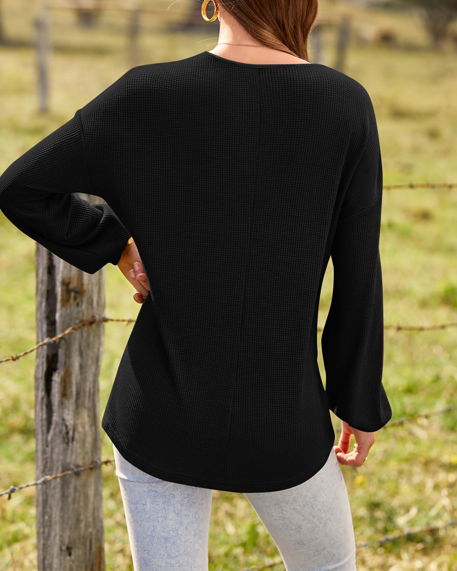 BTFBM Women's Long Sleeve V-Neck Blouse - 2025 Fall Fashion Loose Casual Pullover Top with Decorative Buttons & Lightweight Waffle Knit Fabric | Perfect for Office Wear, Autumn Layering and Weekend Outfits