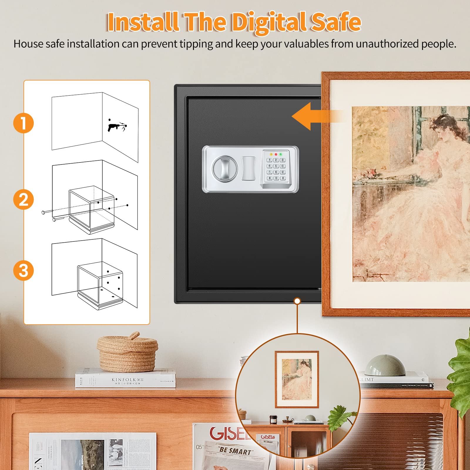 3.0 Cubic Foot Large Fireproof Safe Box - Home & Office Security Safe with Fireproof Bag & Removable Shelf - Waterproof Anti-Theft Safe for Money, Jewelry, Firearms & A4 Documents - Ideal for Bedroom, Closet & Business Storage
