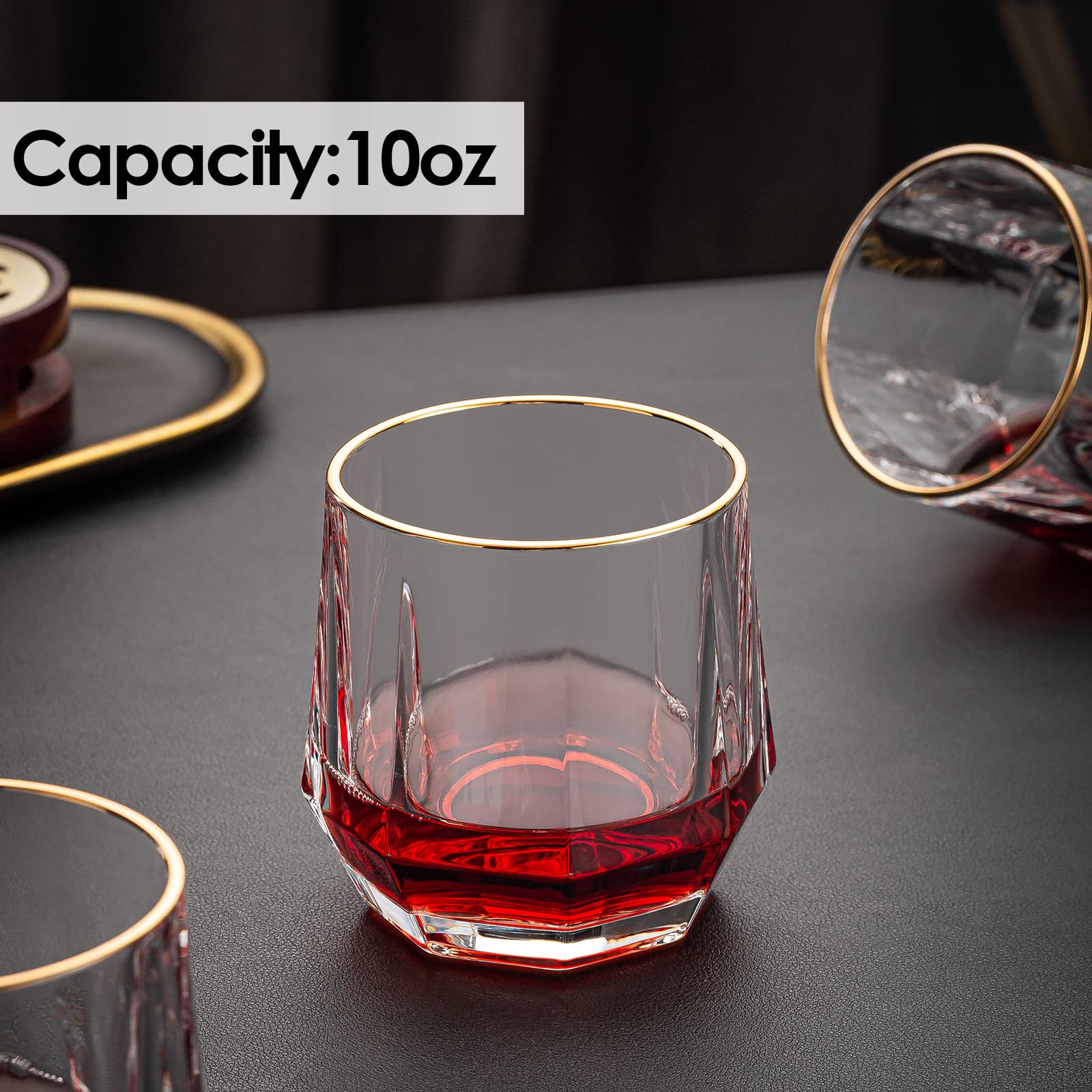 Premium 10 oz Gold Rim Stemless Wine Glasses Set - 6 Pack Hand Blown Crystal Diamond Design with 2 Wine Stoppers - Elegant Glass Tumblers for Wine, Cocktail, Juice, Water - Perfect for Parties, Weddings, Home Bar & Gifts