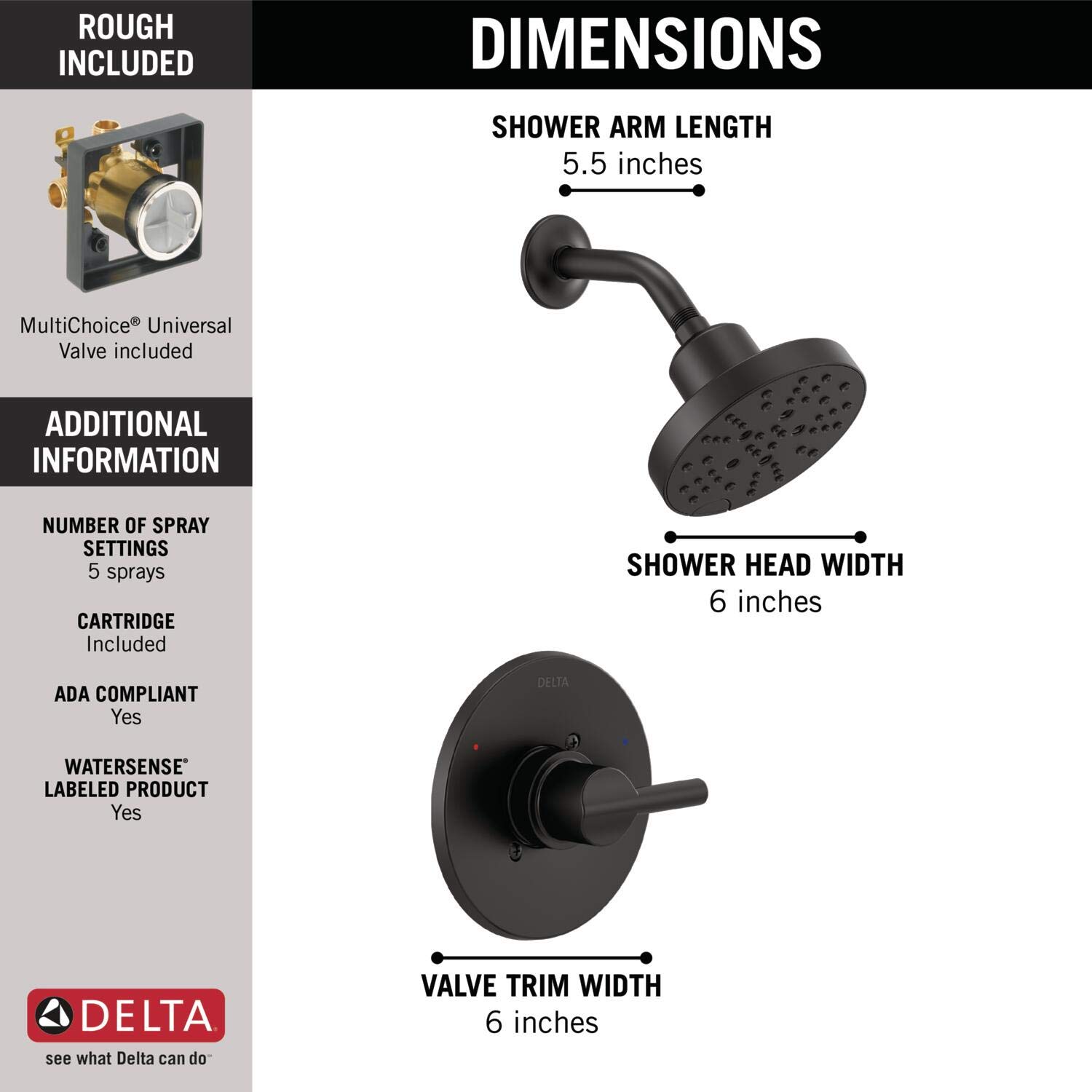 Delta Nicoli Widespread Bathroom Faucet 3-Hole & 14 Series Single-Handle Shower Faucet Set with H2Okinetic 5-Spray Shower Head - Matte Black 142749-BL (Includes Shower Valve) - Perfect for Modern Bathroom Renovations and Luxury Spa Experiences