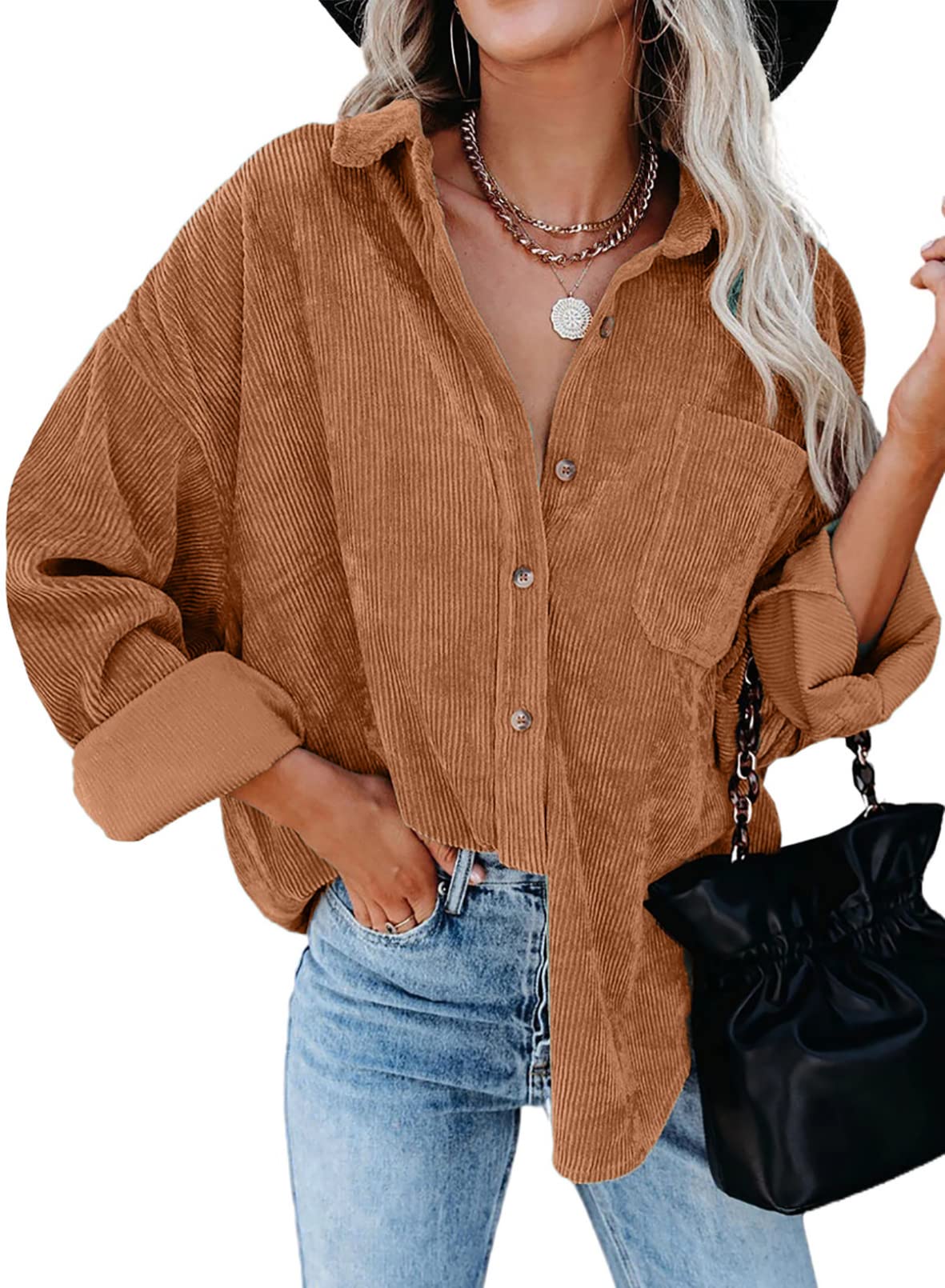 Dokotoo Women's Corduroy Button Down Shirt - Long Sleeve Oversized Boyfriend Blouse for Casual & Work Wear | Fall Winter Fashion Layering Top