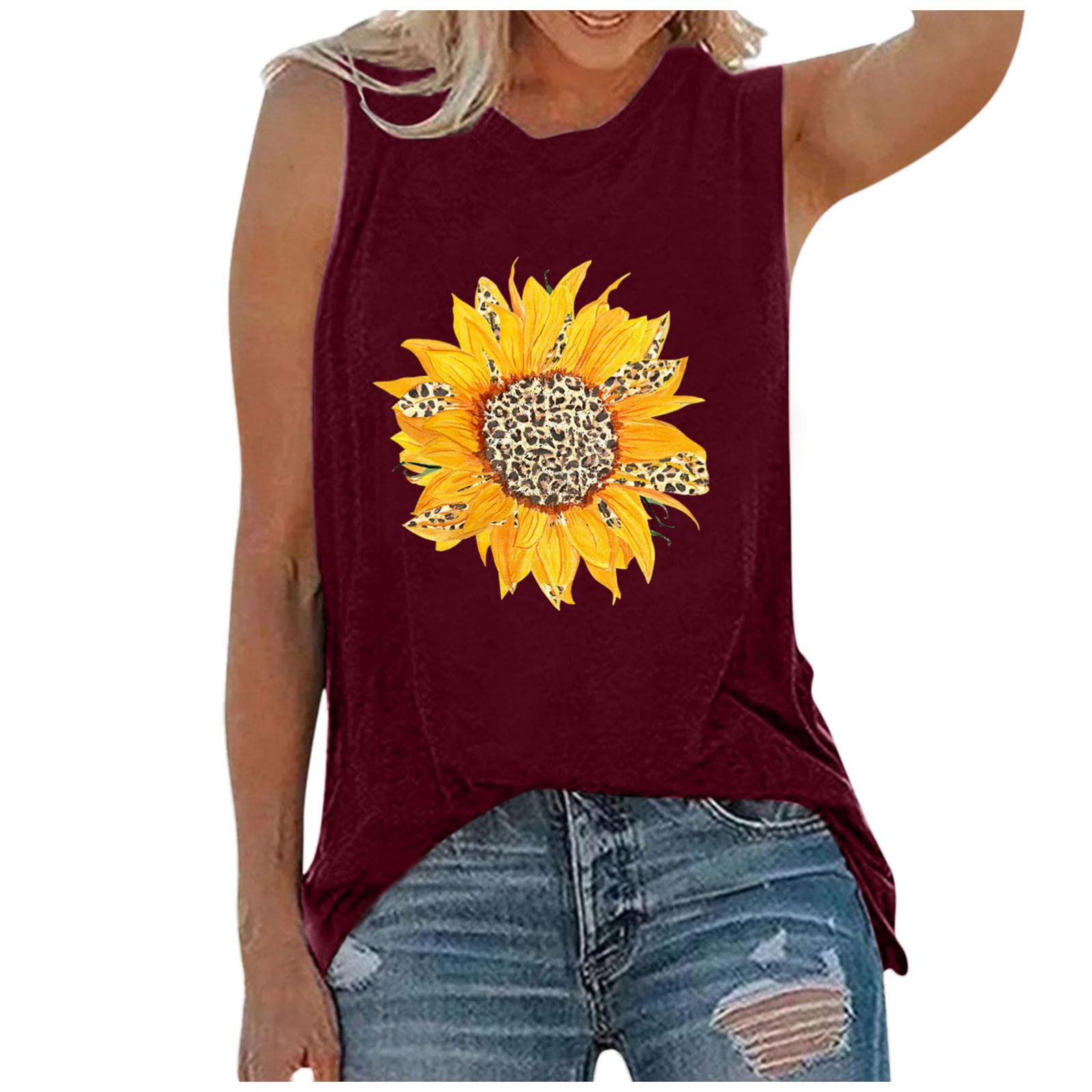 KAMEMIR Women's Sunflower Printed Sleeveless Tank Top - Loose Fit Casual Summer Vest Tshirt for Workout & Outdoor Activities | Perfect for Yoga, Beach, and Everyday Wear