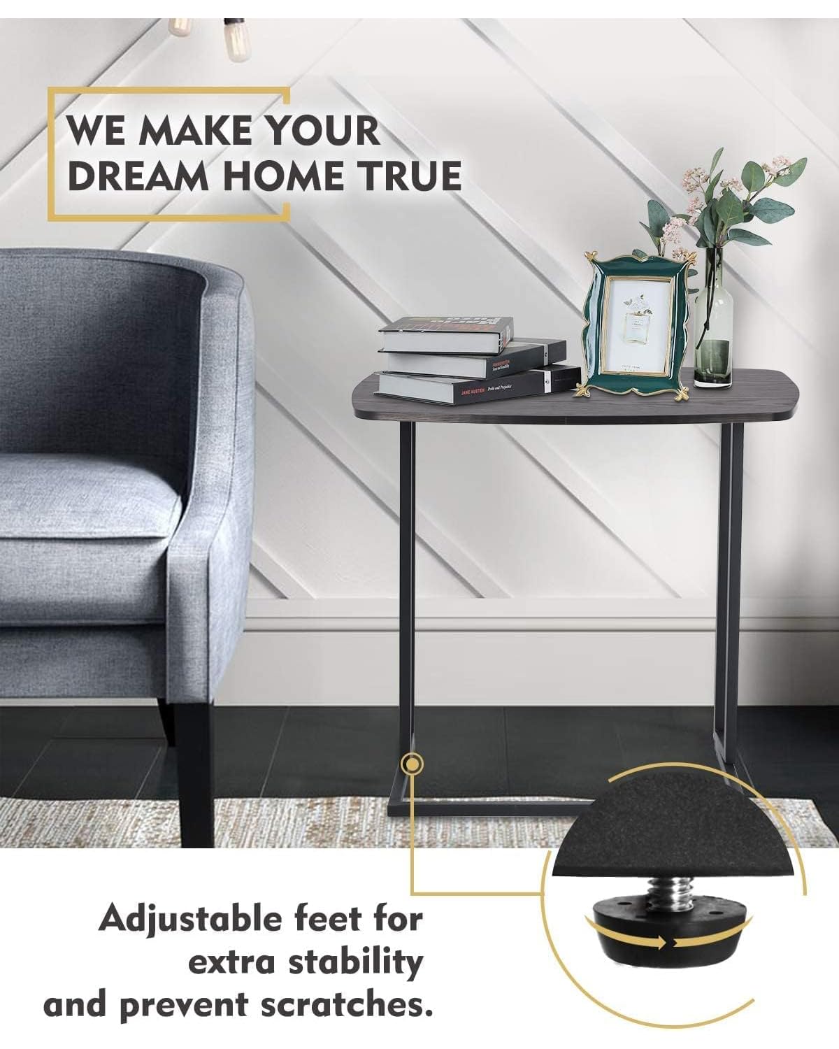 Black C-Shaped End Table with Removable Wheels - Adjustable TV Tray & Movable Sofa Side Table for Living Room, Bedroom - Perfect for Small Spaces, Snacking & Entertainment