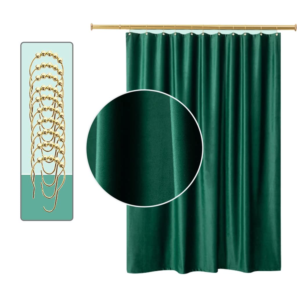 Luxury Heavy Duty Velvet Green Shower Curtain - Waterproof Bathroom Decor with Rust-Proof Metal Grommets & Decorative Gold Hooks (78