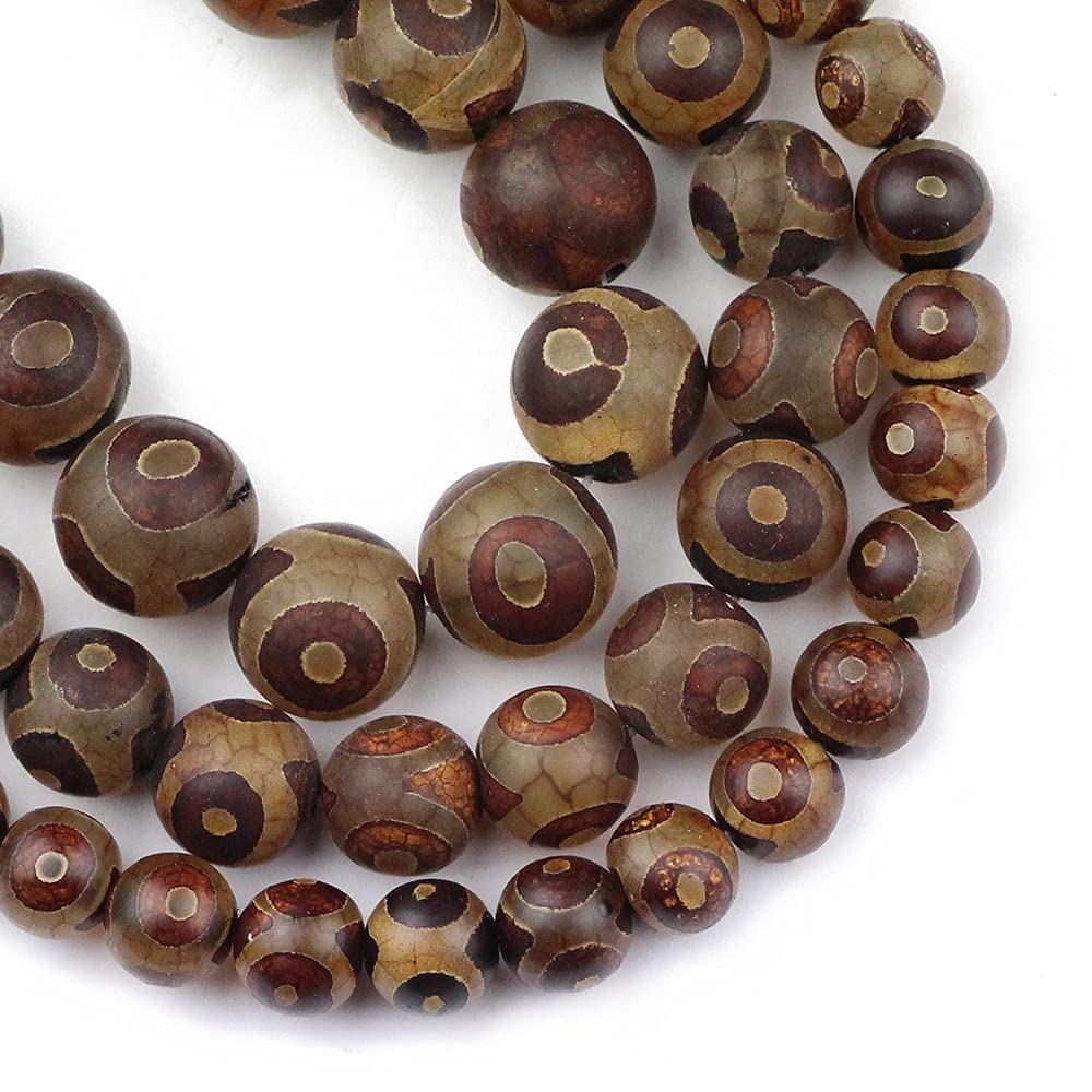 Natural Tibetan Dzi Beads Agate Stone 8/10/12MM Round Loose Beads for Jewelry Making, Bracelet DIY, Buddhist Prayer & Meditation - Red Brown (Handmade Religious Beads for Spiritual Protection & Fashion Accessories)