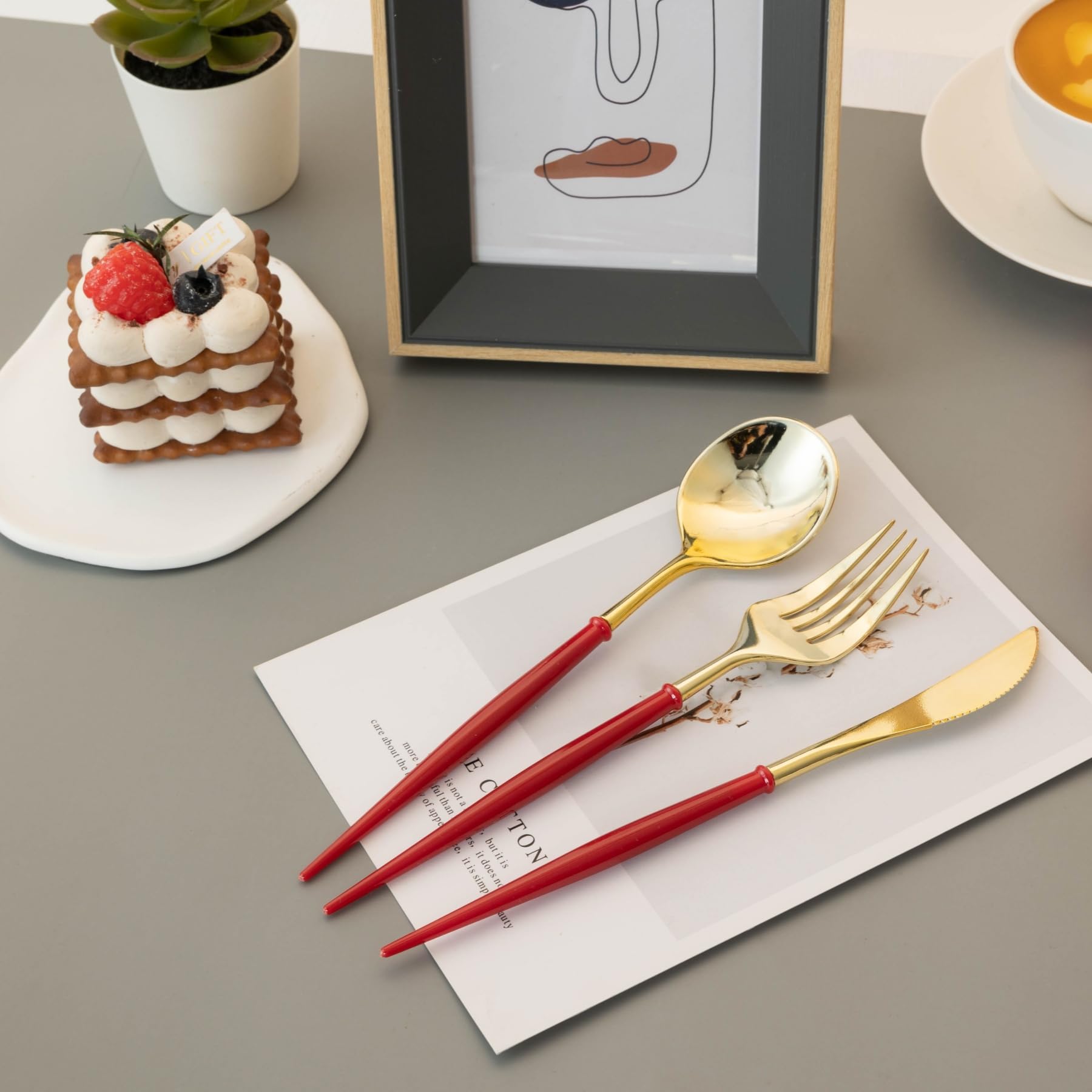 Premium 150-Piece Gold Plastic Cutlery Set - Heavy Duty Disposable Silverware with Burgundy Handle (50 Spoons, 50 Forks, 50 Knives) for Wedding Receptions, Birthday Parties, Catering Events & Elegant Dinner Gatherings
