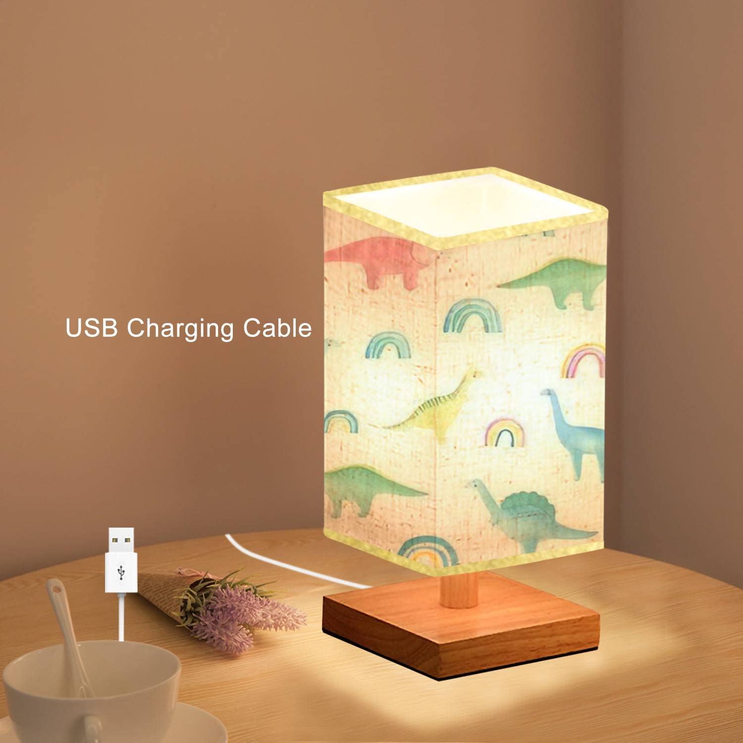 Dimmable Dinosaur Kids Nightstand Lamp - Wooden Base with Flaxen Fabric Shade, Square Bedside Table Light for Children's Room, Nursery, Bedroom & Living Room | Perfect Reading Light and Cozy Nightlight for Bedtime