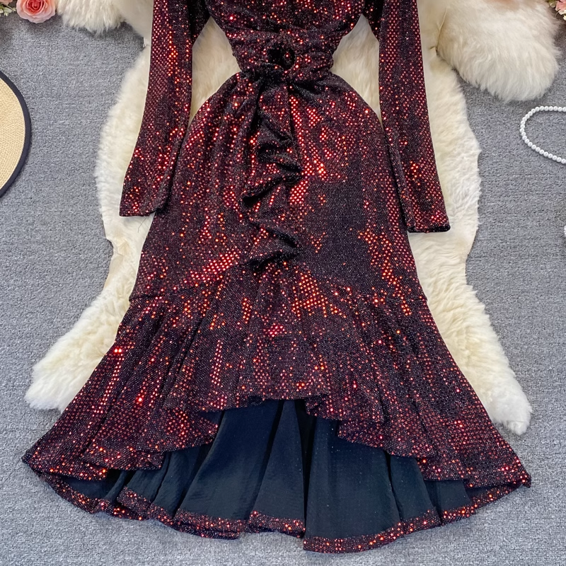 Elegant Autumn V-Neck Sequined Ruffled Mermaid Evening Dress for Women - Perfect for Holiday Parties, Prom, Wedding Guest & Special Occasions