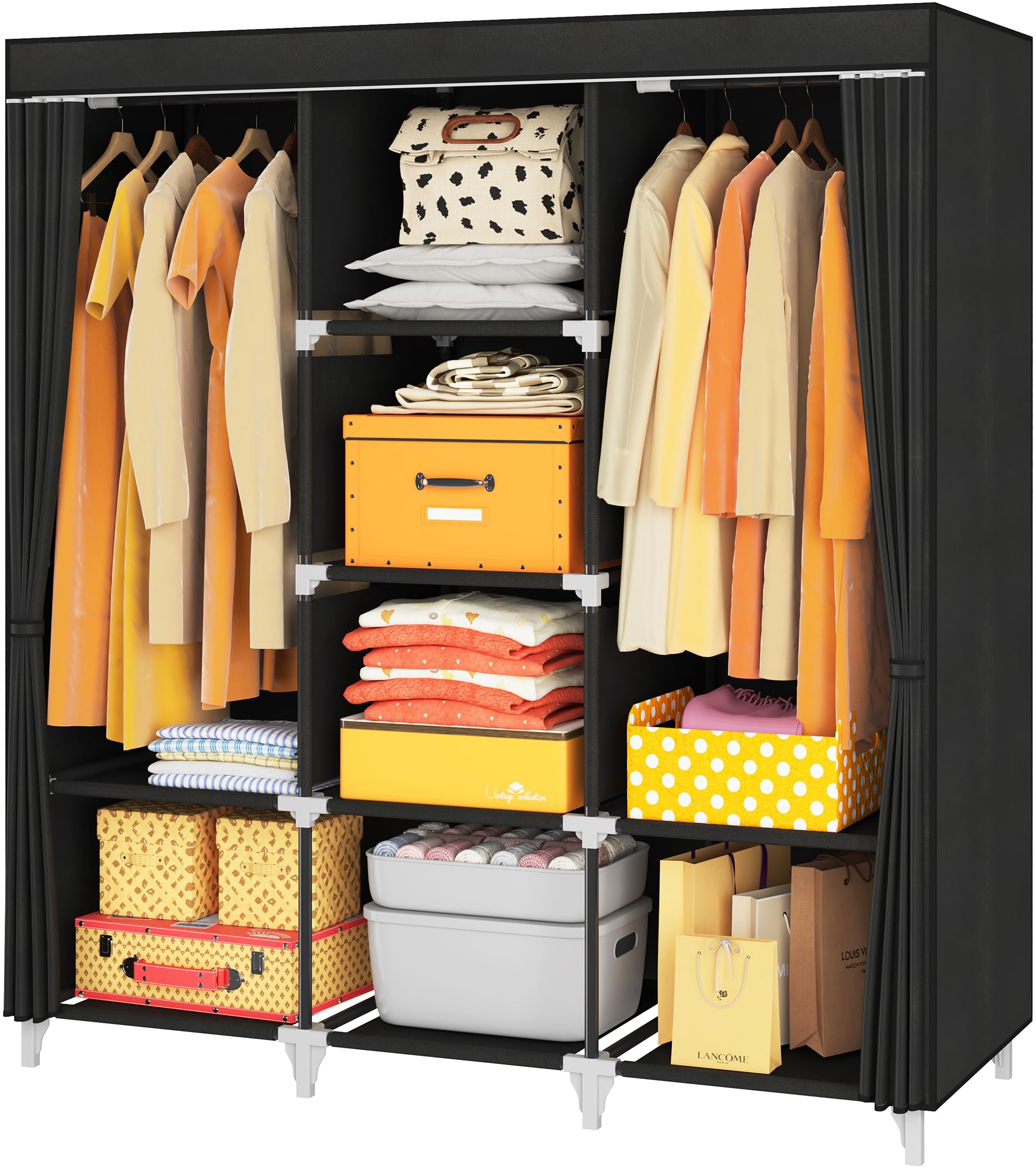 53 Inch Portable Closet with 2 Hanging Rods & 8 Shelves - Non-Woven Fabric Wardrobe for Clothes Storage - Easy Assembly Black - Perfect for Bedroom, Dorm, Apartment & Small Space Organization