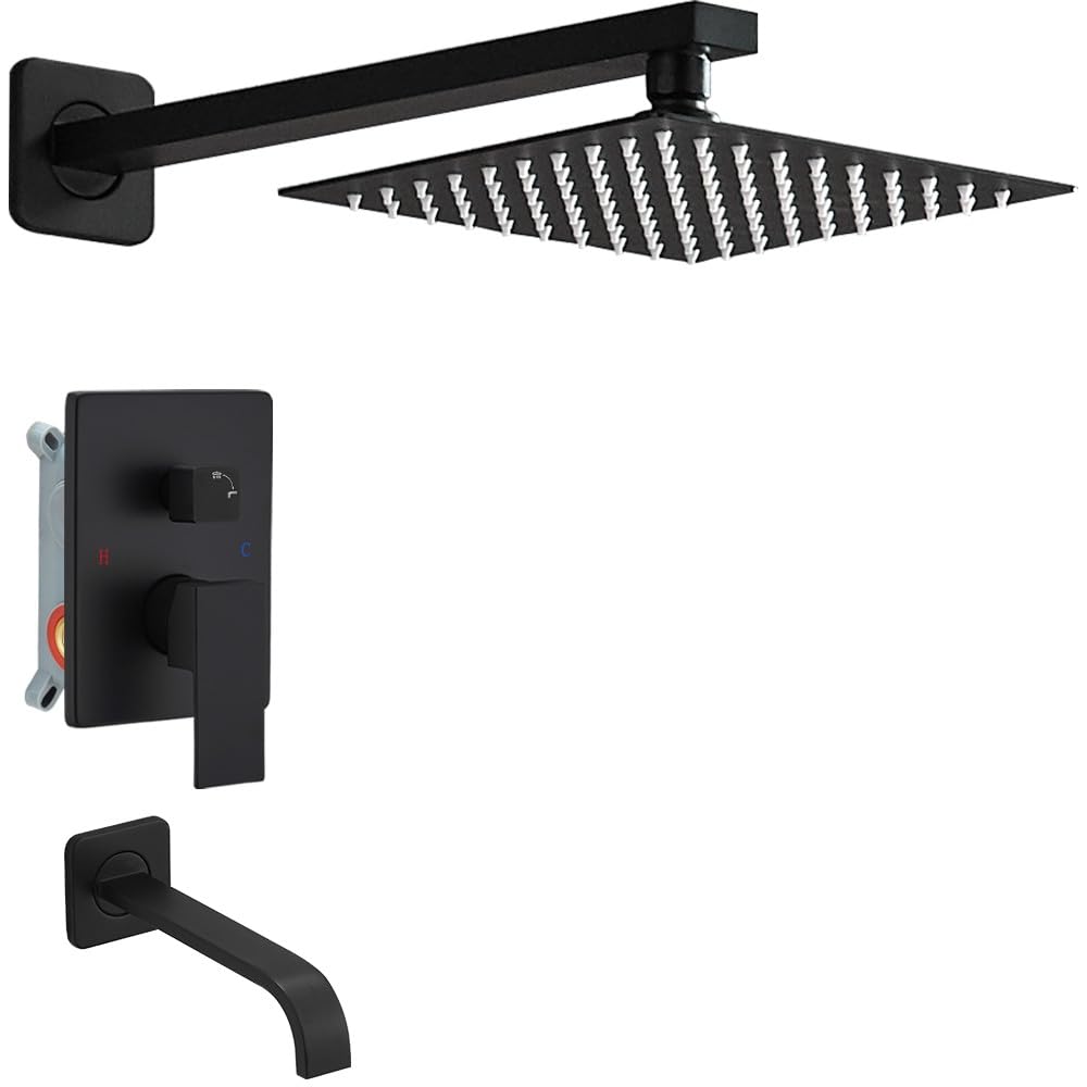 Premium Matte Black Shower Faucet Set - Luxury Rain Shower Head System with Wall Mounted Tub Spout & Single Handle Trim Kit (Includes Rough-in Valve) for Modern Bathroom Renovation | Perfect for Spa-Like Experience & Water Conservation