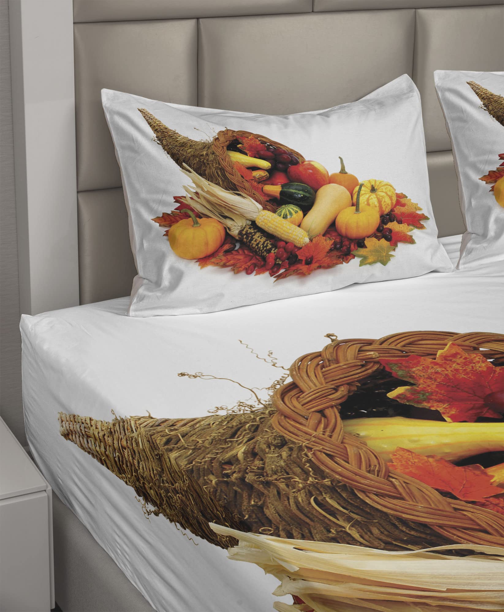 Ambesonne Harvest Sheet Set - Thanksgiving Themed with Butternut Squash, Pumpkin & Cornucopia Design | 4-Piece King Size Bedding Set in Vermilion Orange & Brown | Perfect for Fall Decor, Thanksgiving Guest Rooms & Cozy Autumn Bedrooms