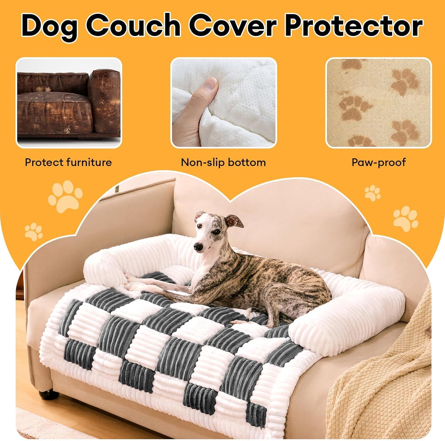 Funny Fuzzy Pet Couch Cover for Dogs - Large Washable Plaid Sofa Protector | Cream Square Dog Bed Mat for Furniture Protection | Perfect for Living Room, Bedroom & Pet-Friendly Homes (Black)
