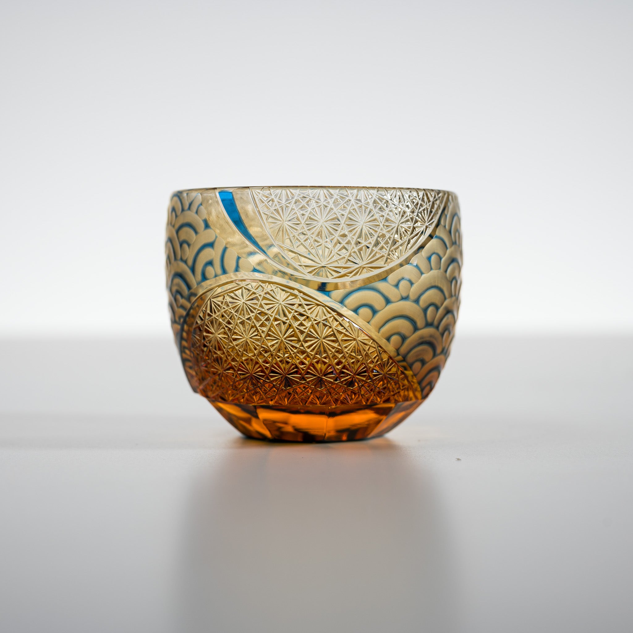 Premium Yamada Crystal Glass Sake Cups - Handcrafted Wave Design in Amber & Blue - Perfect for Japanese Sake, Cocktails, and Elegant Dining Experiences