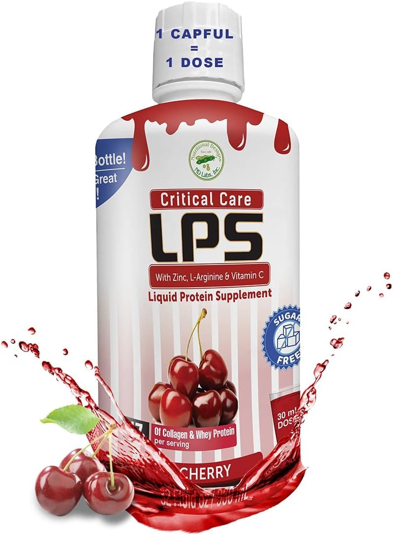Nutritional Designs LPS Liquid Collagen & Whey Protein Supplement - Sugar-Free, Non-GMO Drink for Healthy Skin & Hair - Supports Joint Health - Cherry Flavor (Critical Care) - Perfect for Post-Workout Recovery & Daily Beauty Routine