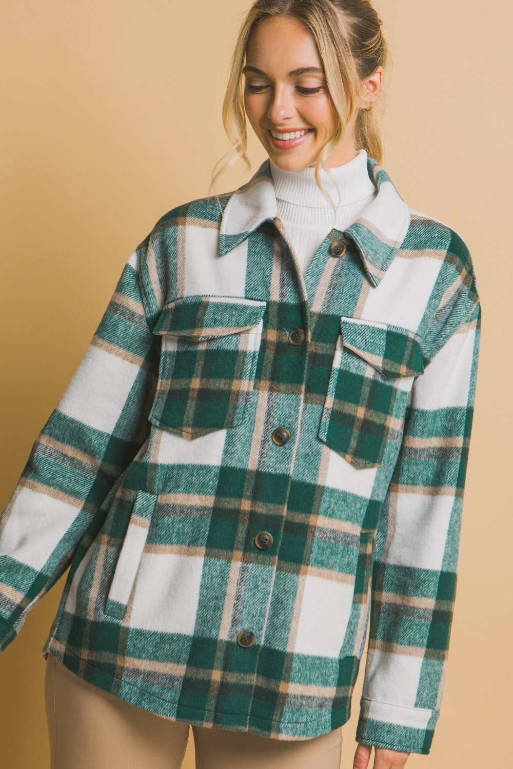 Love Tree Plaid Button-Up Shacket for Women - Cozy Fall & Winter Layering, Casual Outfits, Outdoor Adventures