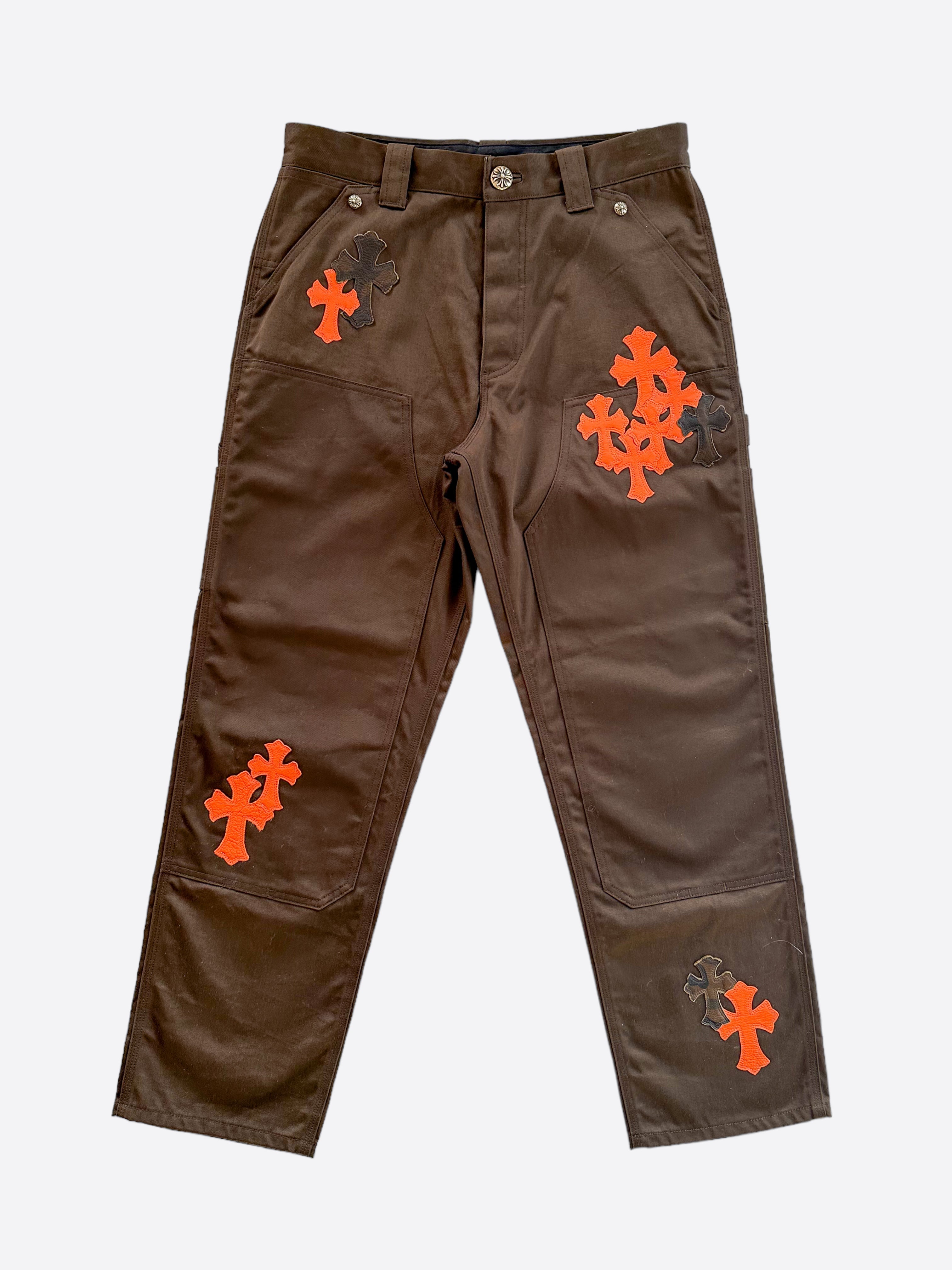 Chrome Hearts Brown & Orange Cross Patch Carpenter Jeans - Stylish Distressed Denim Pants for Men | Perfect for Streetwear, Casual Outfits & Fashion Statements