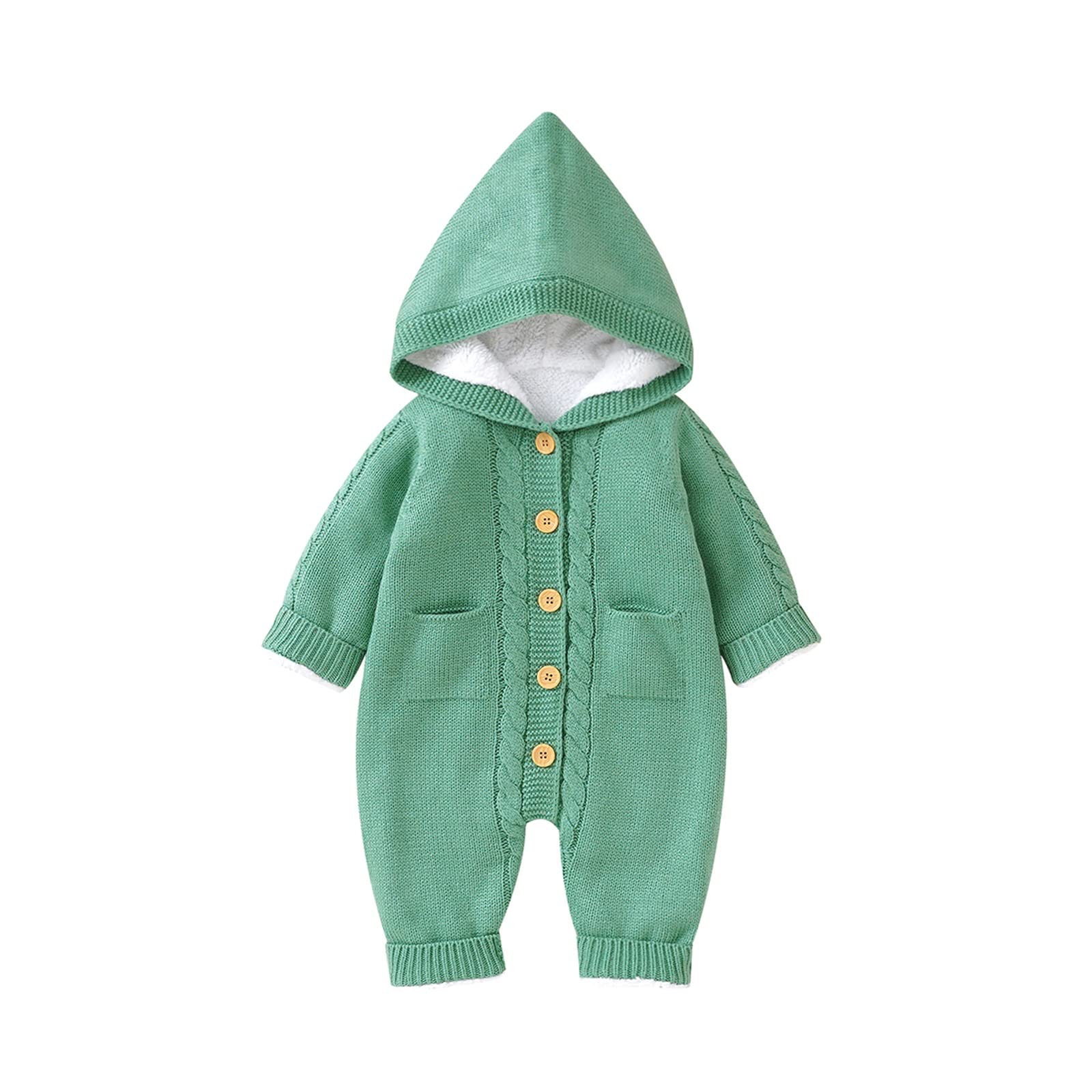 **Baby Knitted Romper - Long Sleeve Hooded Jumpsuit with Button Down & Pocket - Warm Fall Winter Clothes for Infant Boys & Girls - Perfect for Playdates, Holidays & Family Photos**