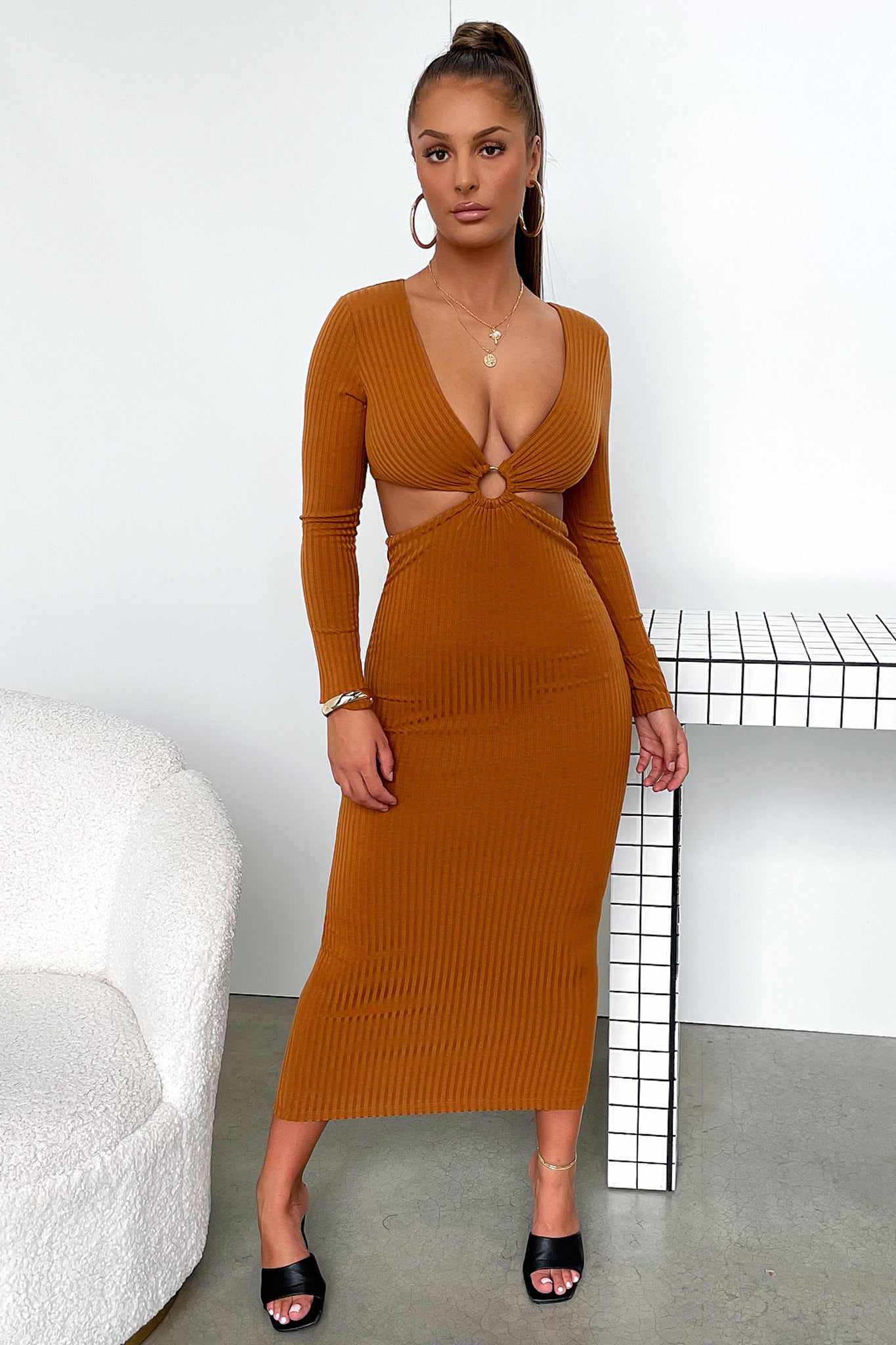 Laska Midi Dress in Rust Brown - Elegant Boho Chic Flowy Dress for Women | Perfect for Casual Outings, Date Nights & Summer Vacations