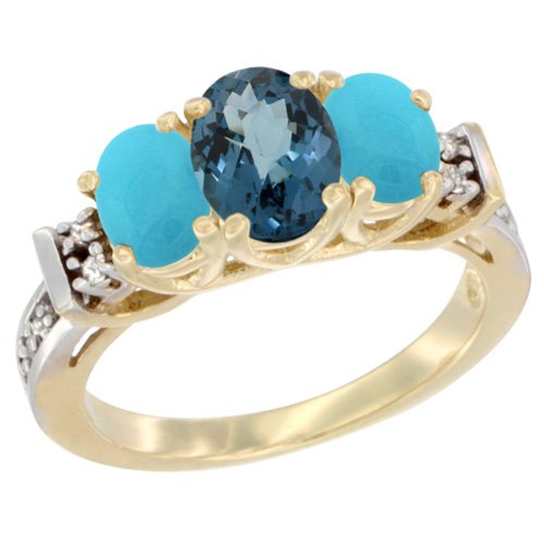 10K Yellow Gold Natural London Blue Topaz & Turquoise Ring with 3-Stone Oval Diamond Accent - Elegant Jewelry for Women, Perfect for Weddings, Anniversaries & Special Occasions