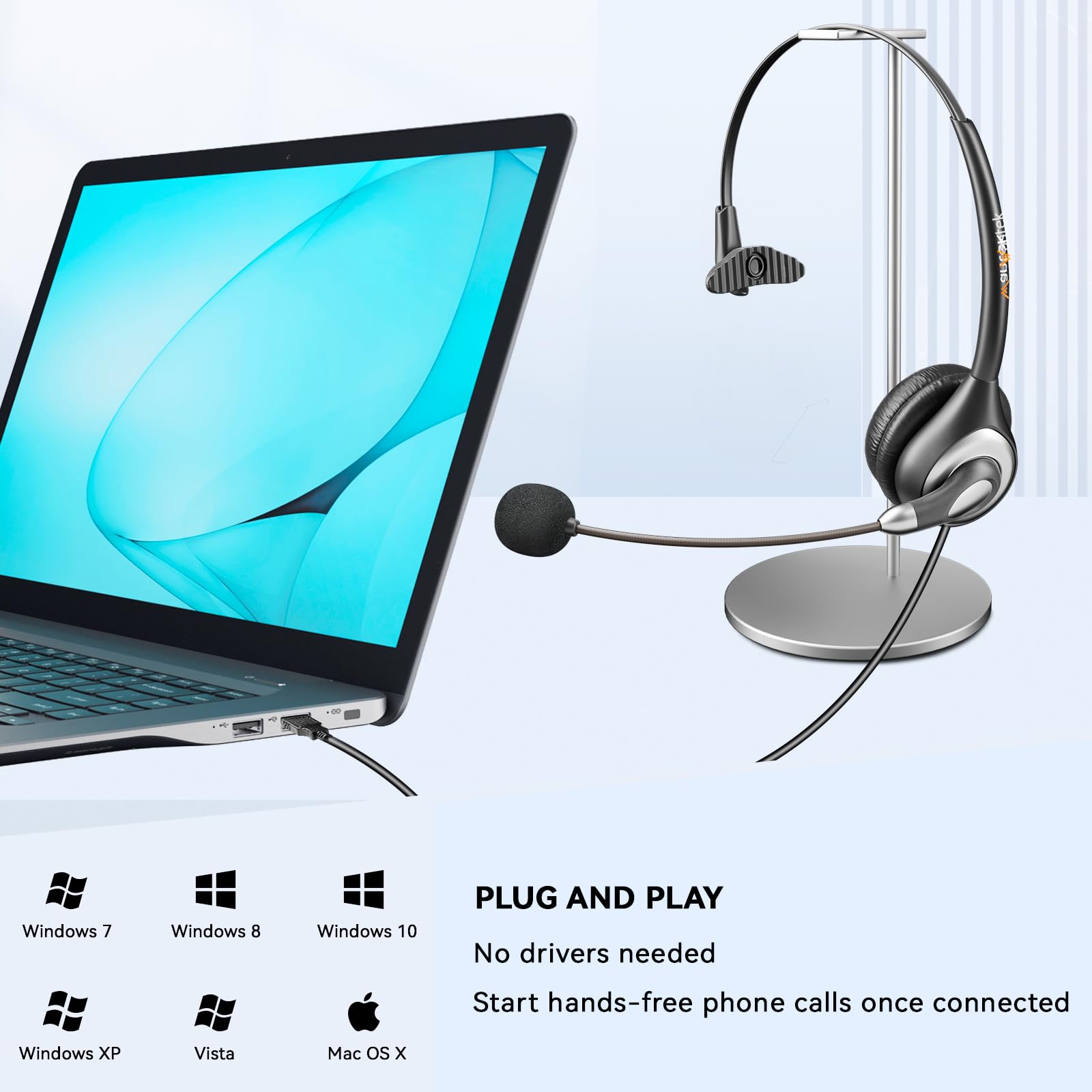 Wantek 601F Mono Headset with Noise Cancelling Microphone - 3.5mm Jack (Includes 2.5mm Adapter) for Call Center, PC, Smartphone, MP3, Xbox - Perfect for Online Classes, Gaming & Customer Service
