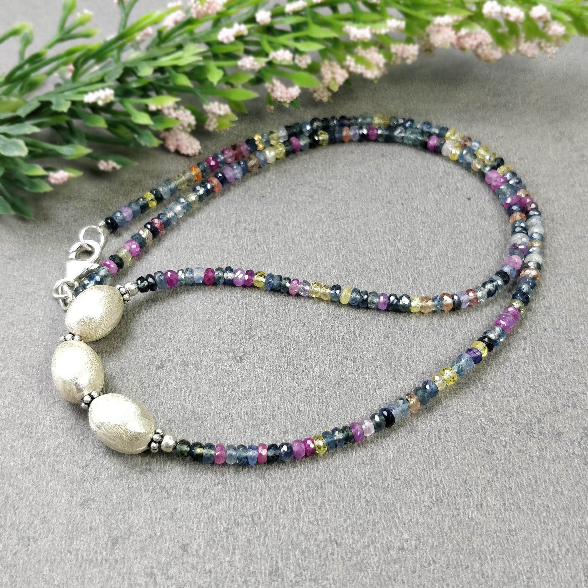 Natural Multi Sapphire Beaded Necklace for Women - 925 Sterling Silver Pendant Chain with Gemstone Beads - Elegant Jewelry Gift (18.5