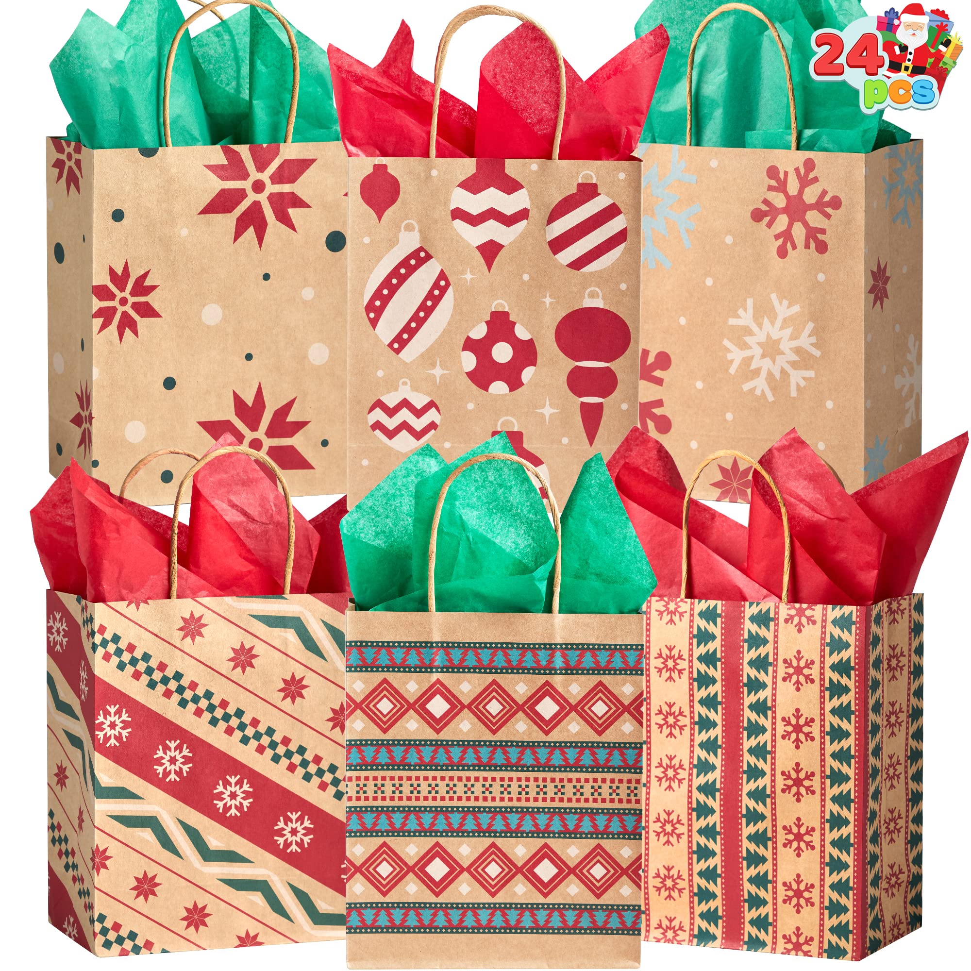 JOYIN 24 Pack Christmas Kraft Gift Bags - Eco-Friendly Holiday Party Favors, Xmas Goodie Bags for Classroom, Office, Secret Santa & Family Gifts (9