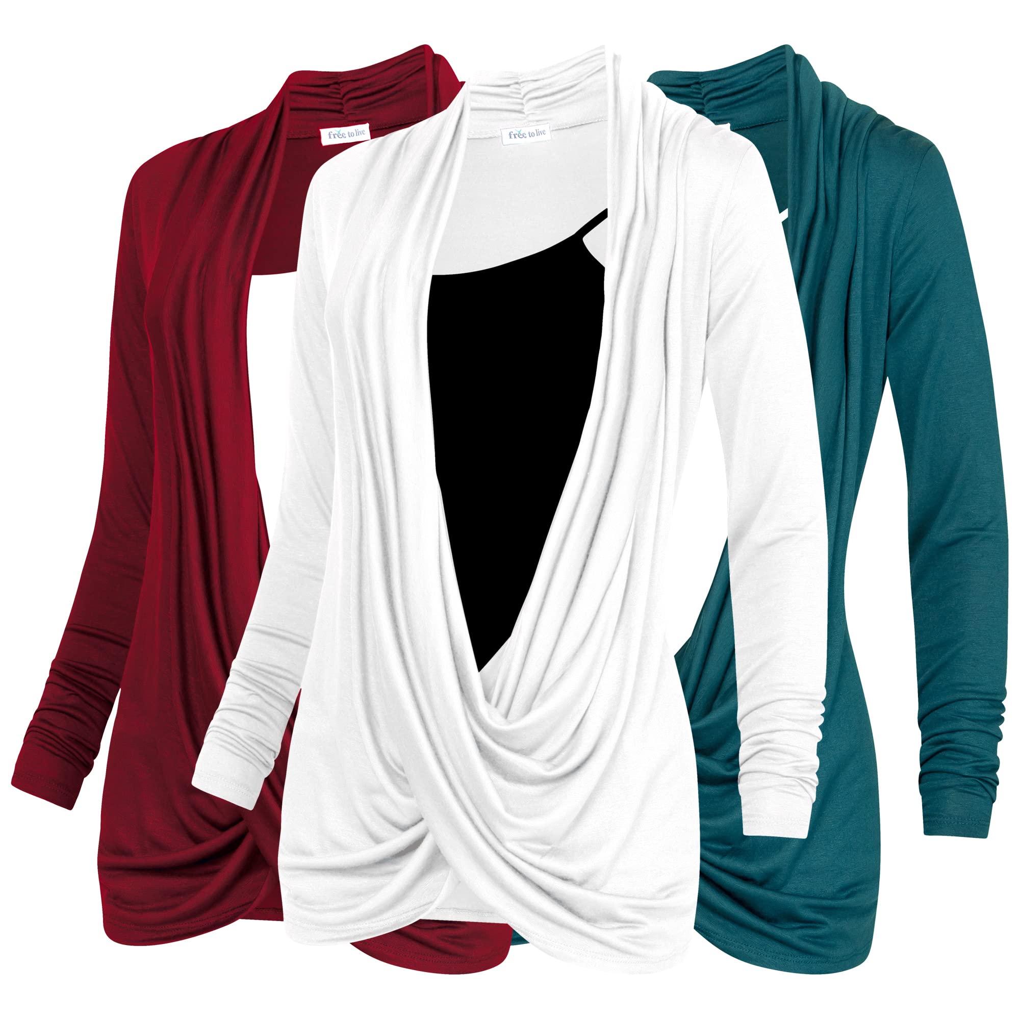 Free to Live Women's 3 Pack Lightweight Long Sleeve Knitted Cardigan - Criss Cross Pullover Nursing Tops in X-Large (Teal, Wine, White) | Perfect for Breastfeeding Moms, Layering in Fall/Winter & Casual Outfits