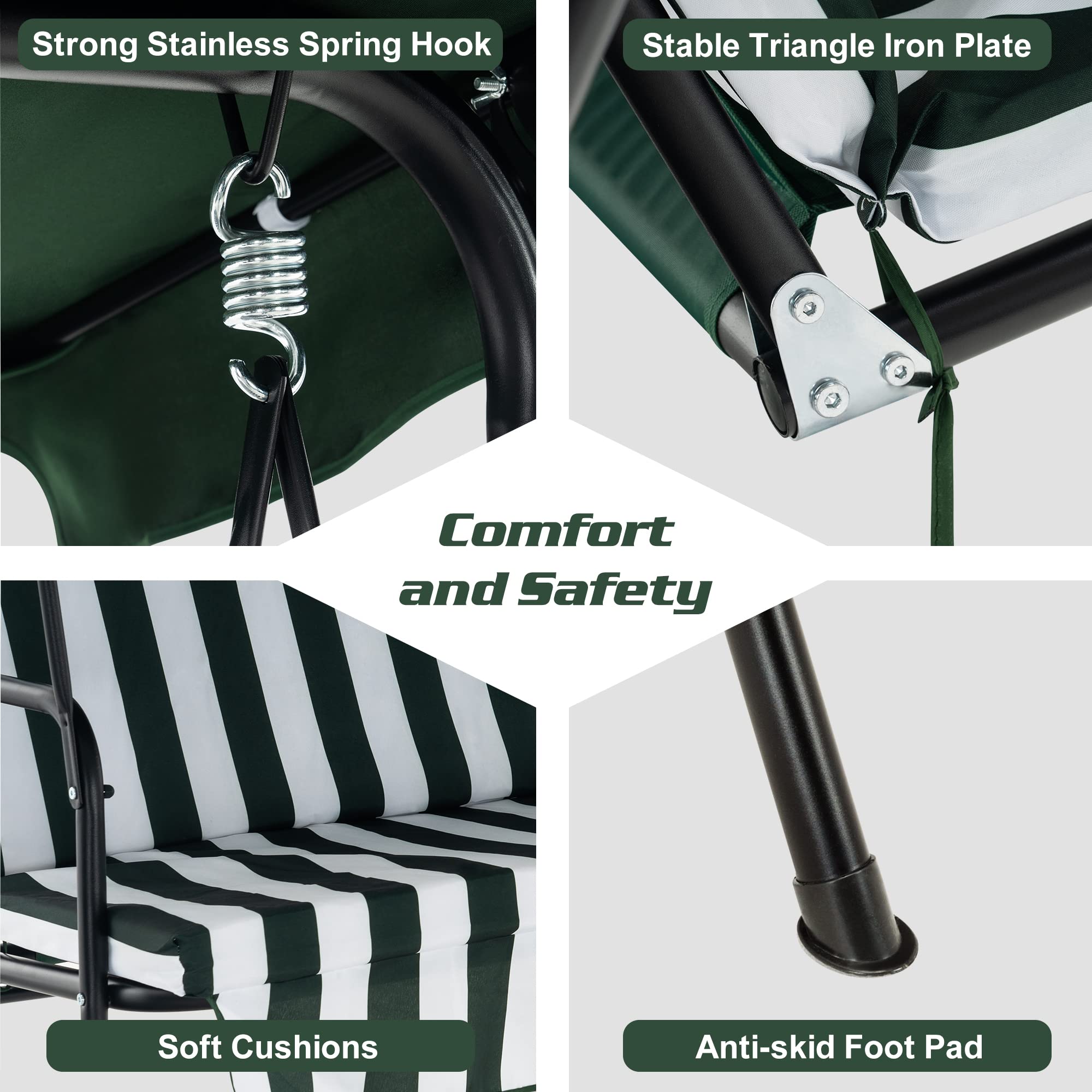 MCombo 2-3 Person Outdoor Patio Swing Chair with Canopy & Steel Stand - Removable Cushions, Weather-Resistant - Perfect for Backyard, Garden, Balcony, Porch (Green & White Stripes) | Relaxing, Lounging & Outdoor Decor