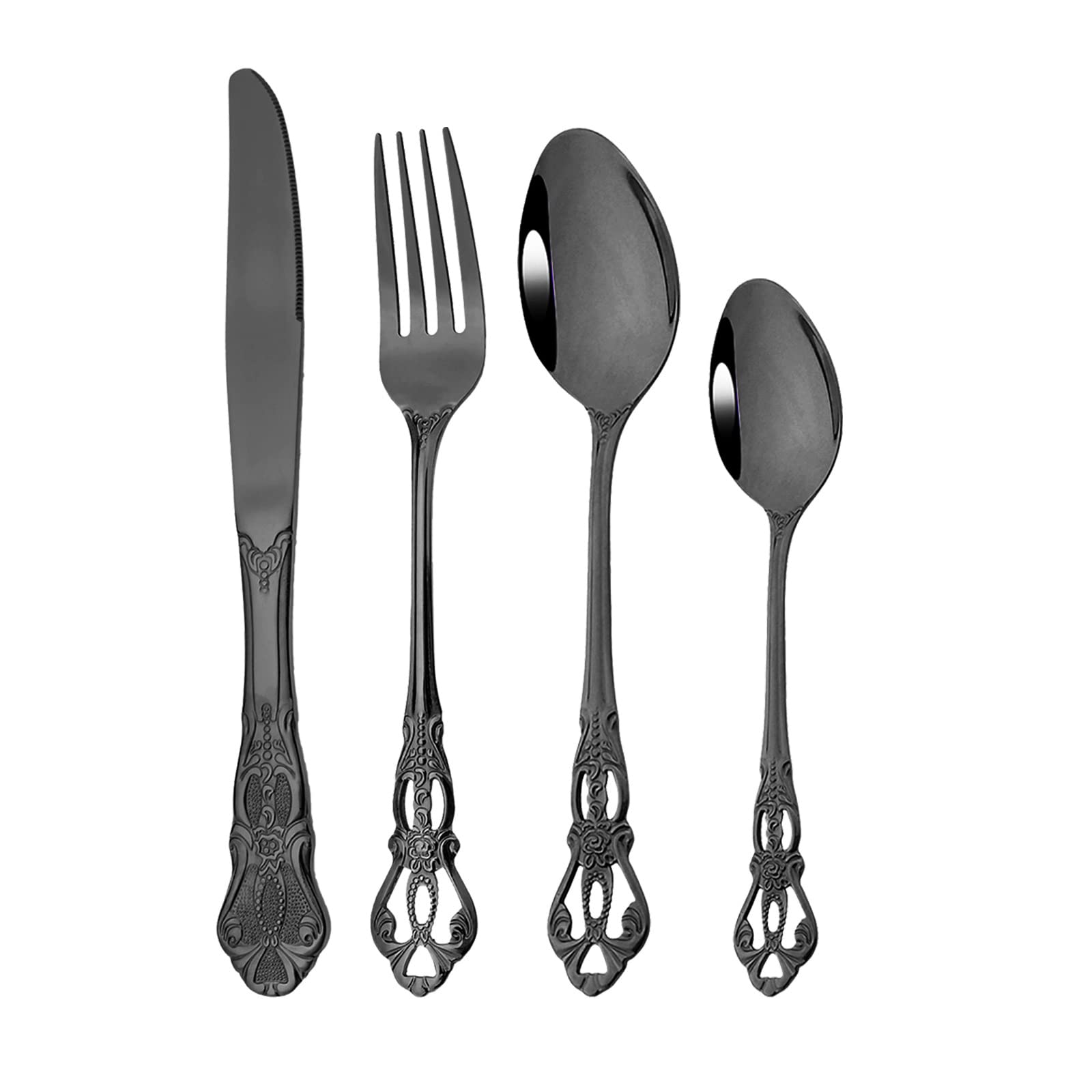 Premium 24-Piece Black Mirror Silverware Set - 18/10 Stainless Steel Luxury Cutlery Service for 6 (Knives, Forks, Spoons, Teaspoons) - Dishwasher Safe - Elegant Dinnerware for Fine Dining, Weddings & Formal Occasions