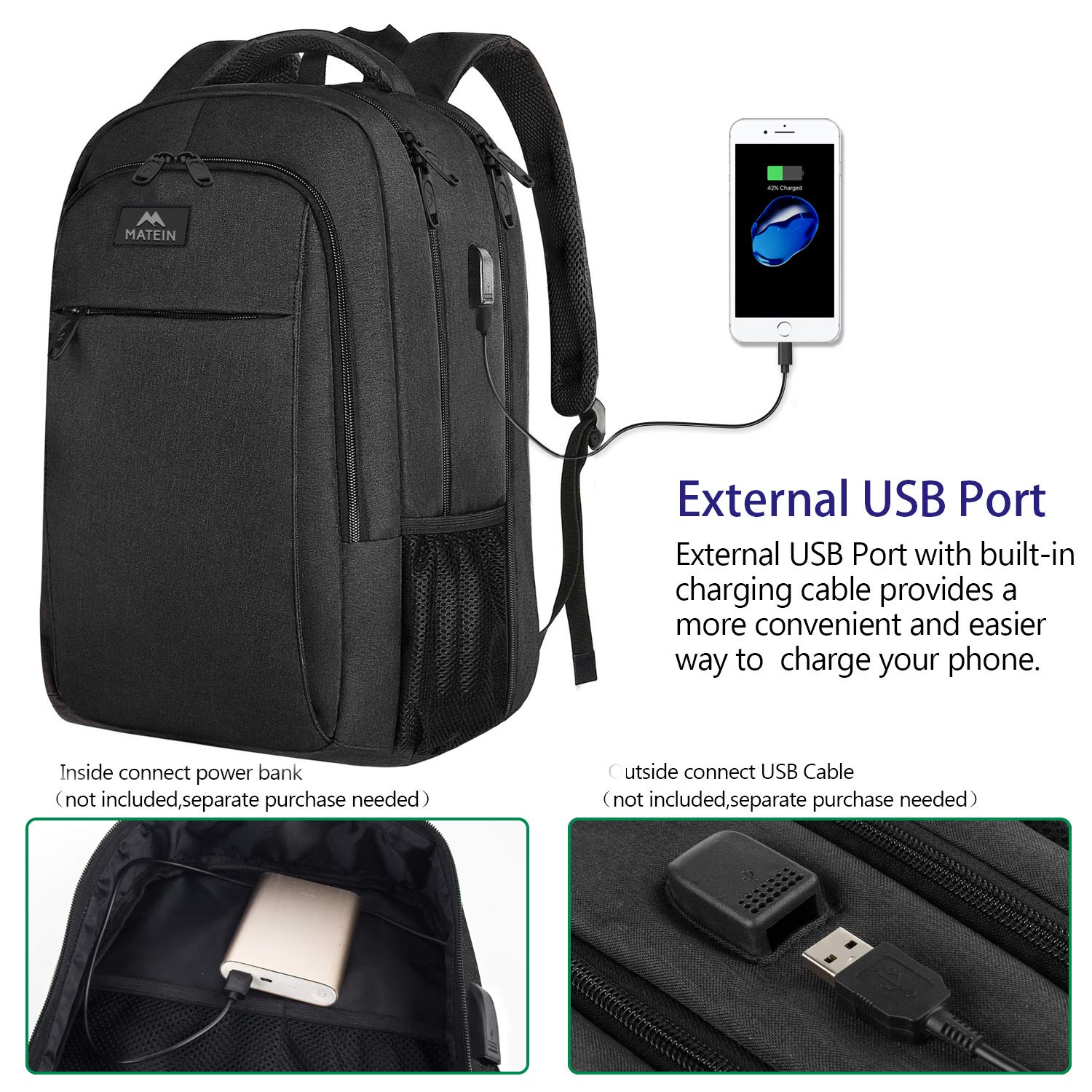 Matein Extra Large Travel Backpack - 18.4 Inch TSA Friendly Laptop Backpack with USB Charging Port | Anti-Theft Flight Approved Business & College Computer Bag for Men & Women | Perfect for Air Travel, Commuting & Campus Use - Black