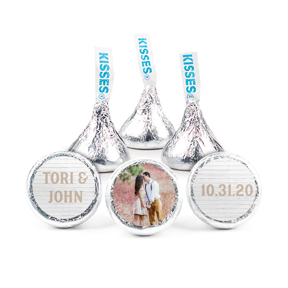 Personalized Wedding Candy Kisses Favors with Rustic Photo - 100 Count Pre-Assembled Chocolate Treats for Bridal Showers, Receptions & Anniversary Celebrations