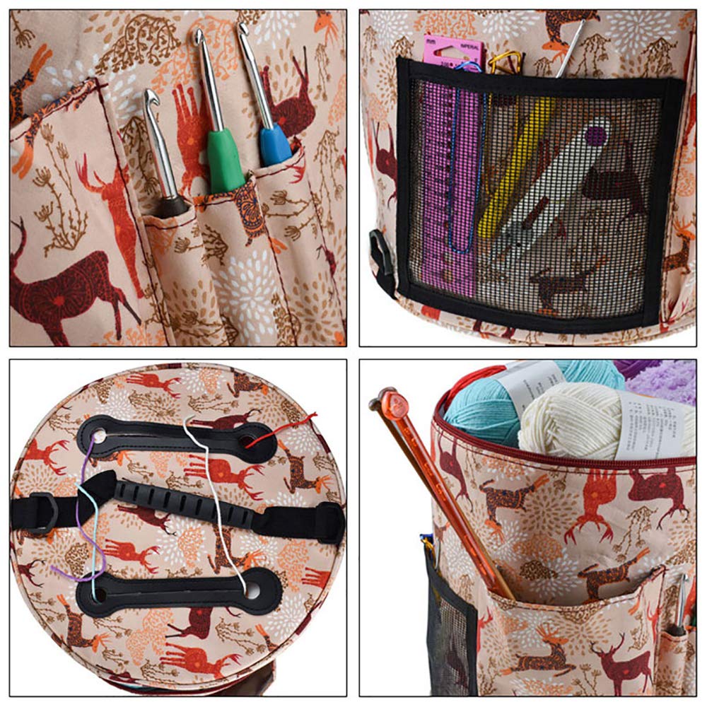 Elk Pattern Knitting Bag - Portable Yarn Tote Storage Organizer for Crochet Hooks & Knitting Needles - DIY Wool Yarn Ball Case Handbag - Perfect for Knitting Projects, Travel & Home Sewing Supplies