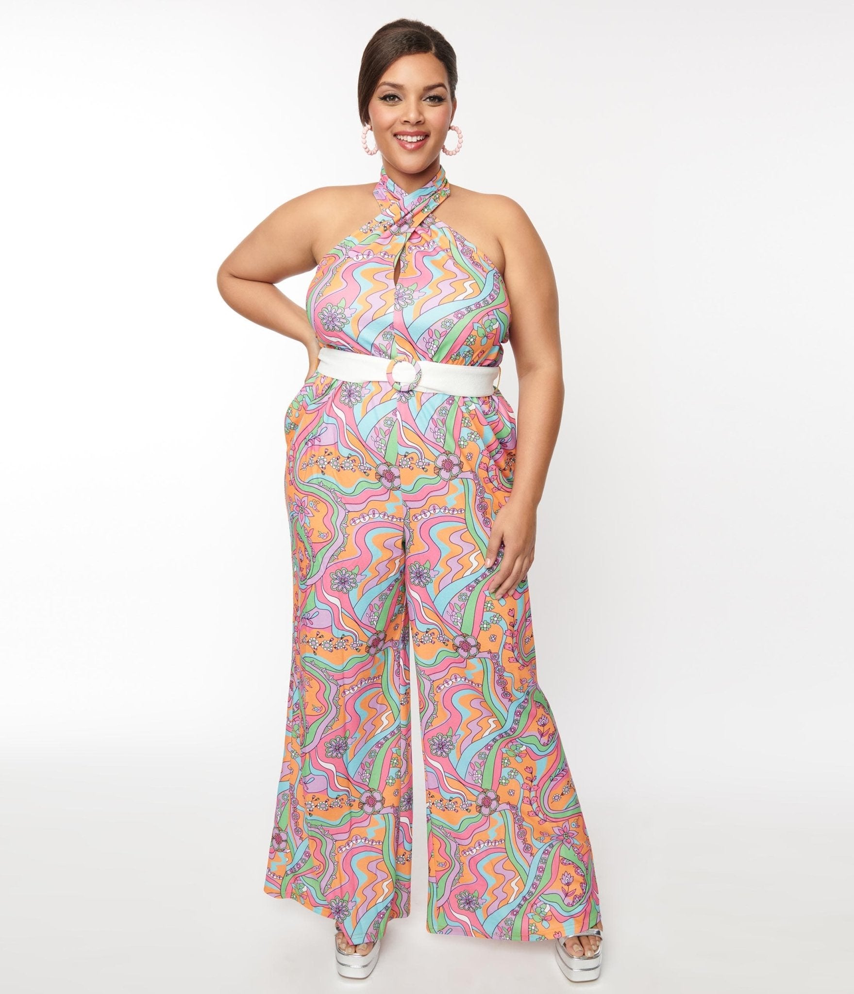 Smak Parlour 1970s Orange Wavy Daisy Psychedelic Draped Darling Jumpsuit - Vintage 70s Hippie Outfit for Music Festivals & Retro Parties