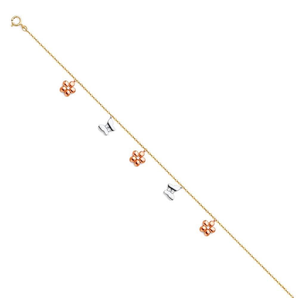 14K Yellow Gold, White Gold & Rose Gold Charm Bracelet for Women - 7 Inch Adjustable Jewelry Gift for Her - Perfect for Birthdays, Anniversaries & Special Occasions