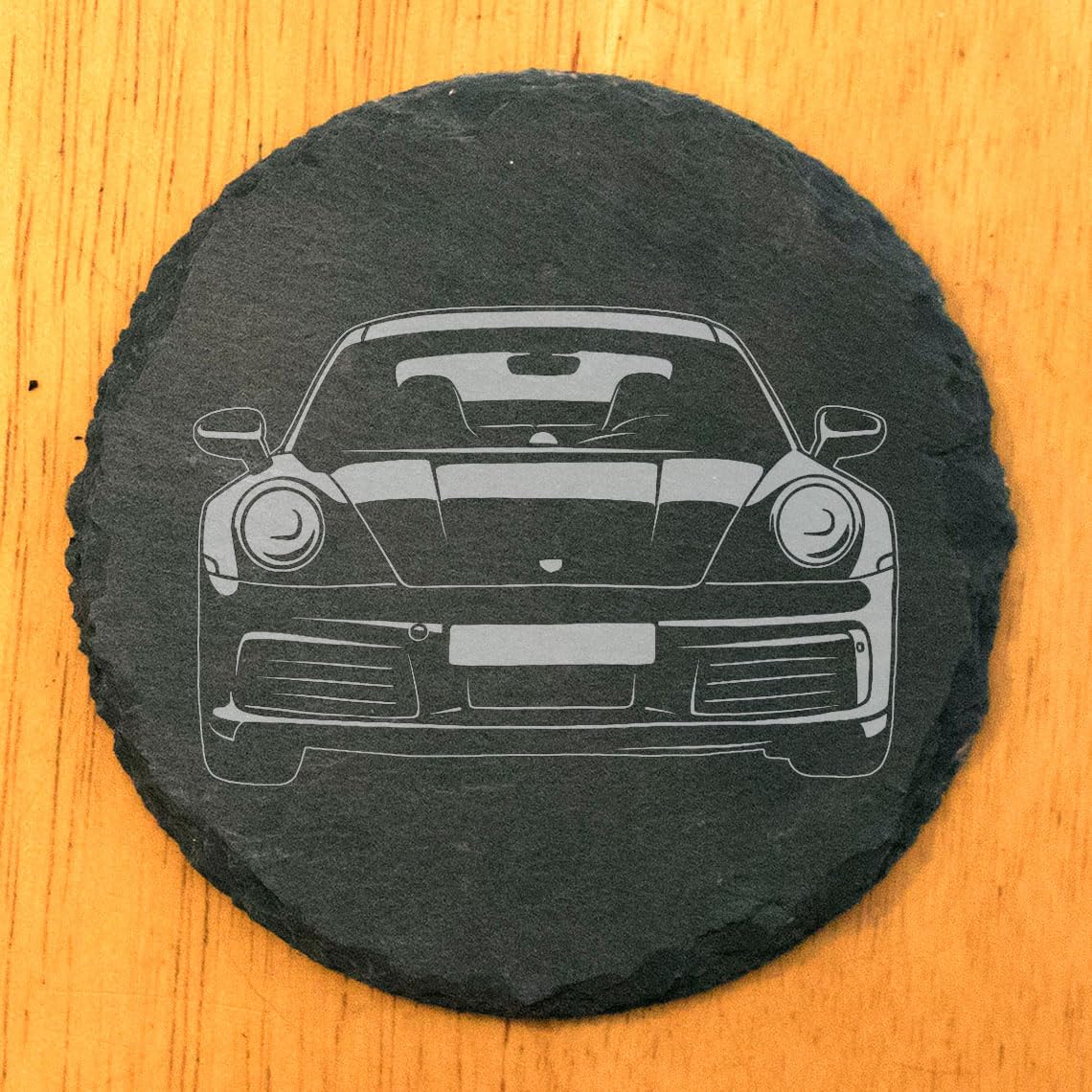 Premium Slate Coasters Set with Laser-Etched Porsche 911 Design - 6 Pack Round Drink Mats for Home, Office & Car - Durable & Stylish Gift for Porsche Enthusiasts - Perfect for Coffee Tables, Bars & Automotive Decor