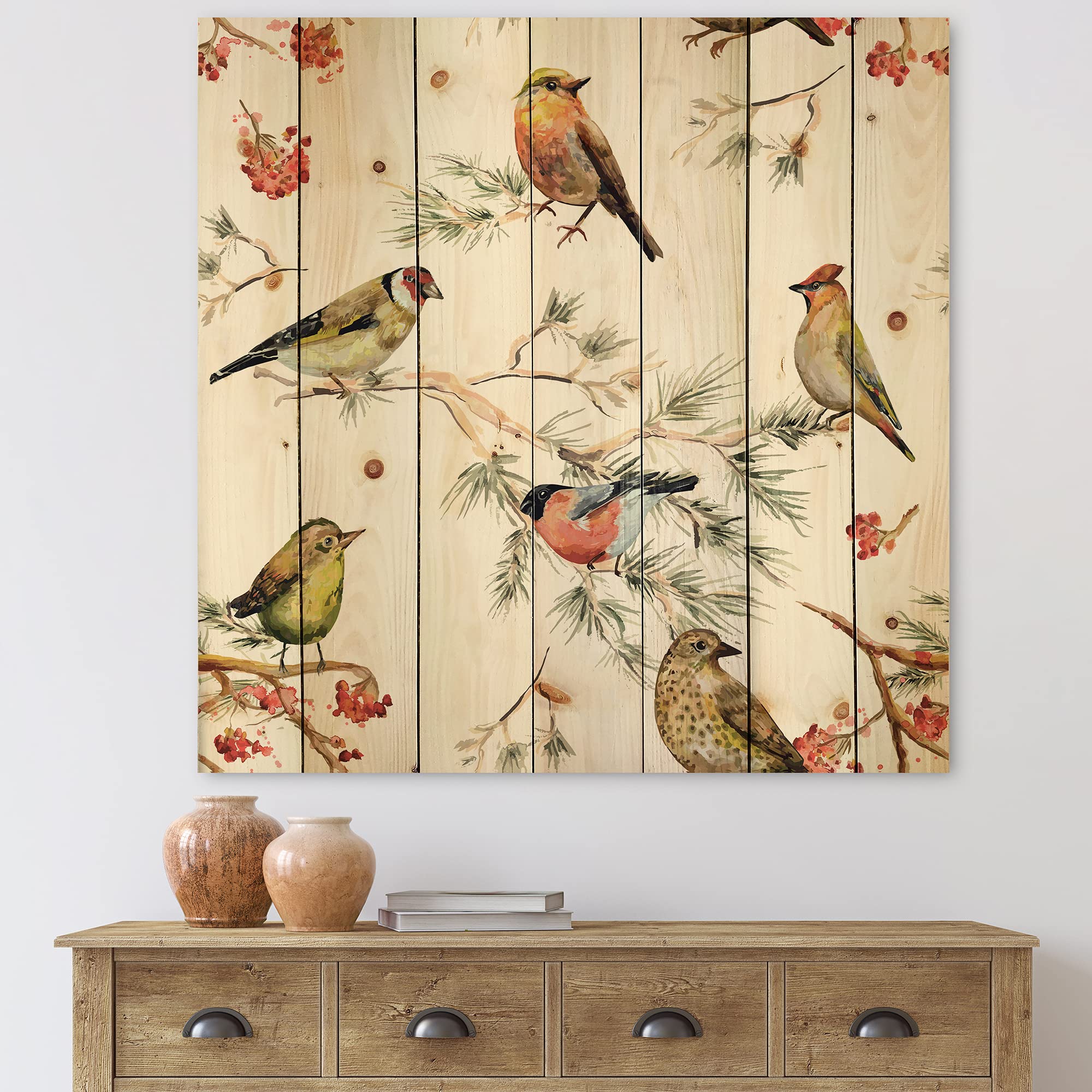 DesignQ Forest Birds on Branches Wood Wall Art - Traditional White Wooden Wall Decor with Large Animal Prints on Natural Pine Panels - Perfect for Living Room, Bedroom & Office Decoration