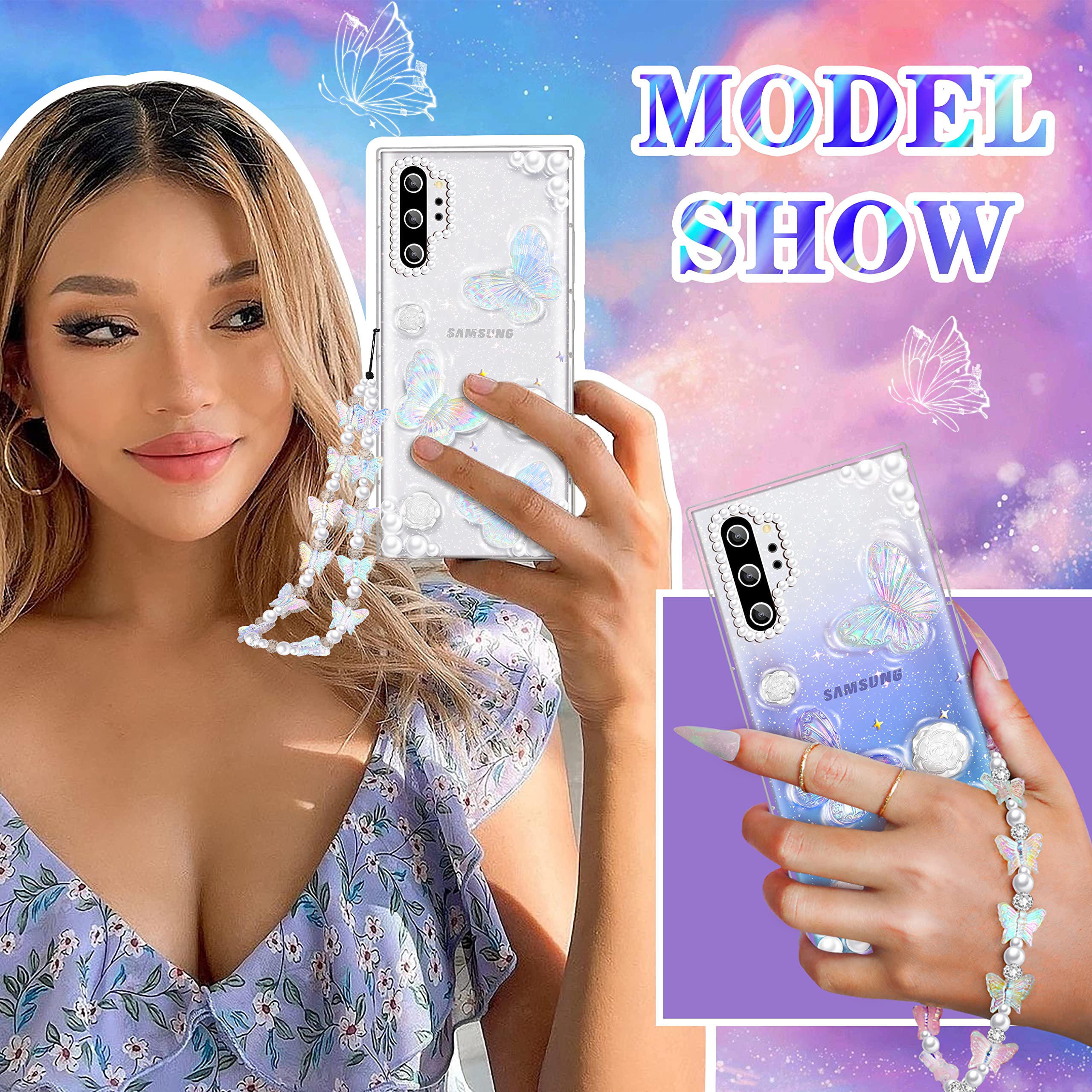 3-in-1 Samsung Galaxy Note 10 Plus Case - Crystal Clear Butterfly Design with Glitter Sparkle, Includes Phone Chain & Screen Protector | Stylish Protective Case for Women & Teen Girls | Perfect for School, Work & Everyday Use