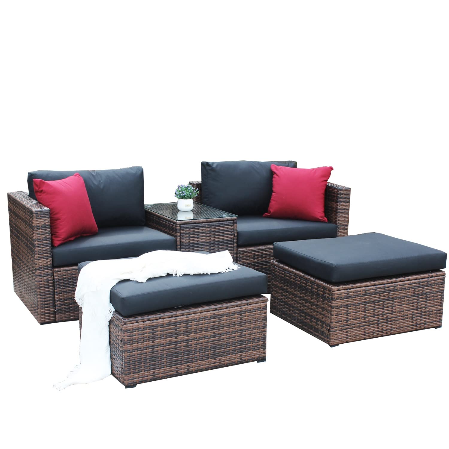 5-Piece Outdoor Patio Furniture Set - PE Rattan Wicker Sectional Sofa with Coffee Table & Ottoman - Durable Garden Conversation Set for Porch, Lawn, Backyard & Poolside Relaxation
