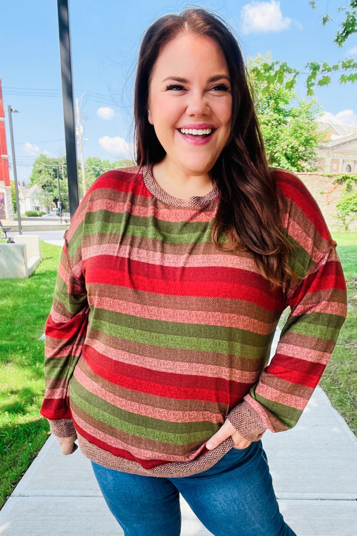 Stylish Olive & Mauve Striped Two-Tone Banded Sweater Top for Women | Casual Fall Fashion | Perfect for Office Wear & Weekend Outfits