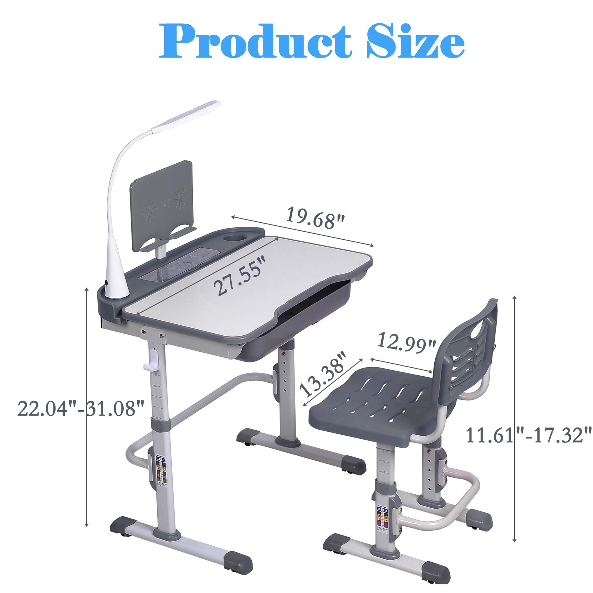 Adjustable Kids Desk and Chair Set with LED Light & Storage Drawer - Ergonomic Study Table for Children, Tilt Desktop & Book Stand - Perfect for Homework, Reading & Online Learning (Grey)