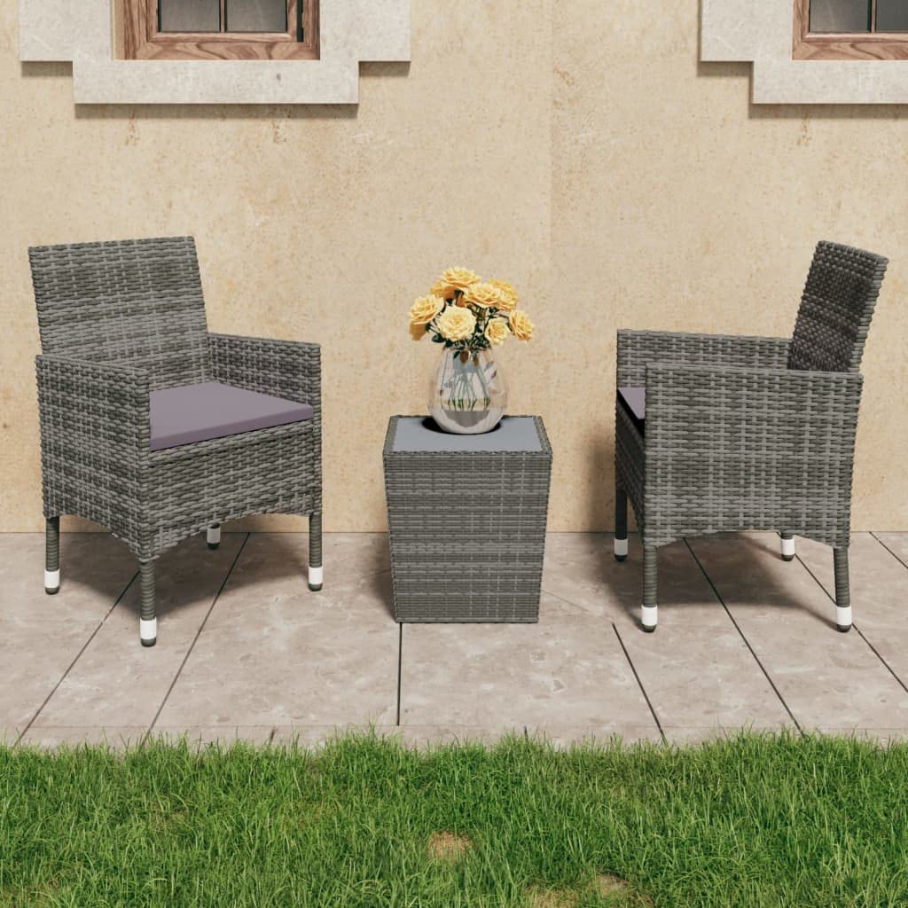 **3-Piece Gray Poly Rattan Patio Bistro Set with Tempered Glass Table - Outdoor Dining & Conversation Furniture for Backyard, Garden, and Patio**