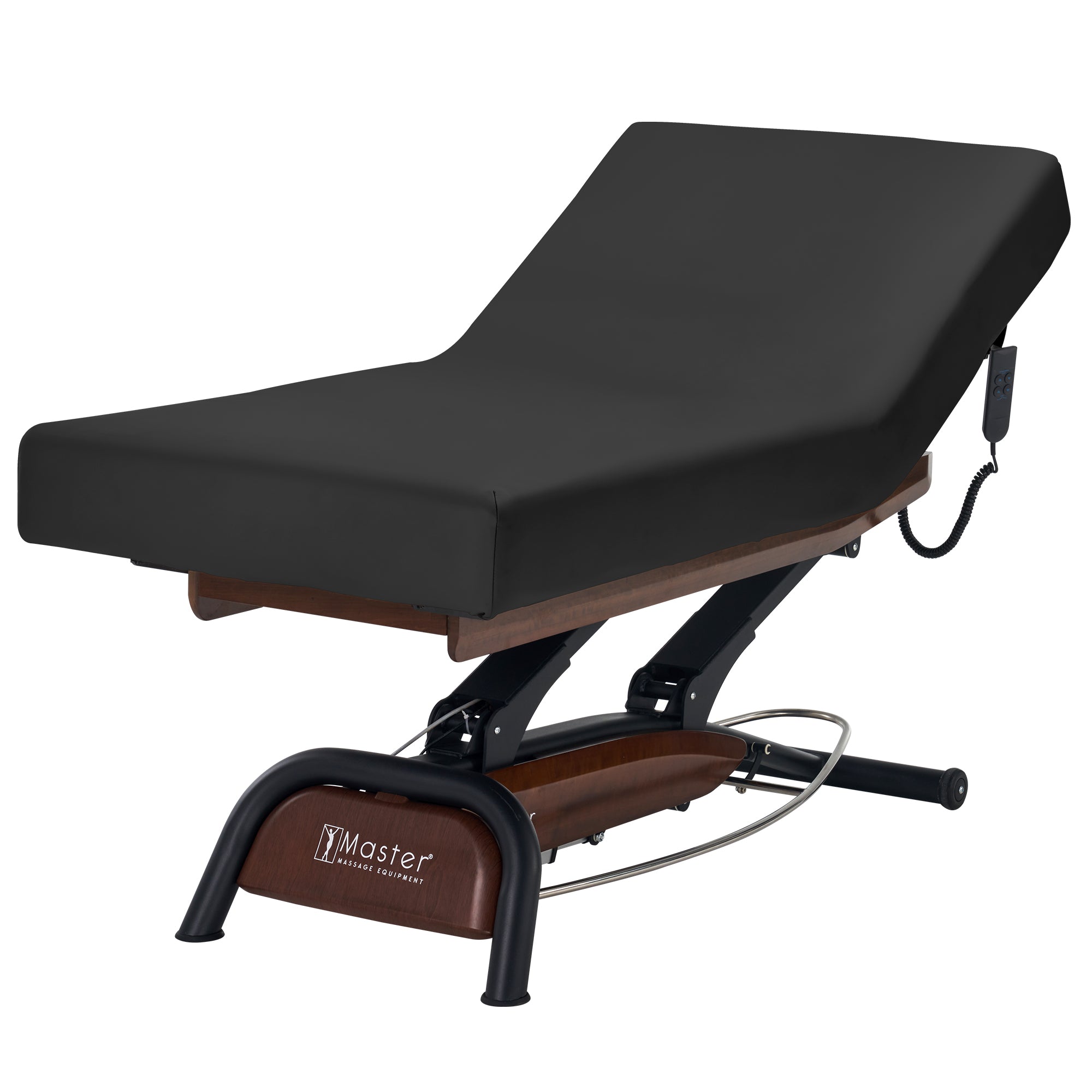 Premium Electric Lift Massage Table - Atlas Liftback Spa Salon Stationary Bed with Walnut Base & Cream Top, Interchangeable Black Upholstery - Perfect for Professional Massage Therapy, Spa Treatments, and Home Relaxation