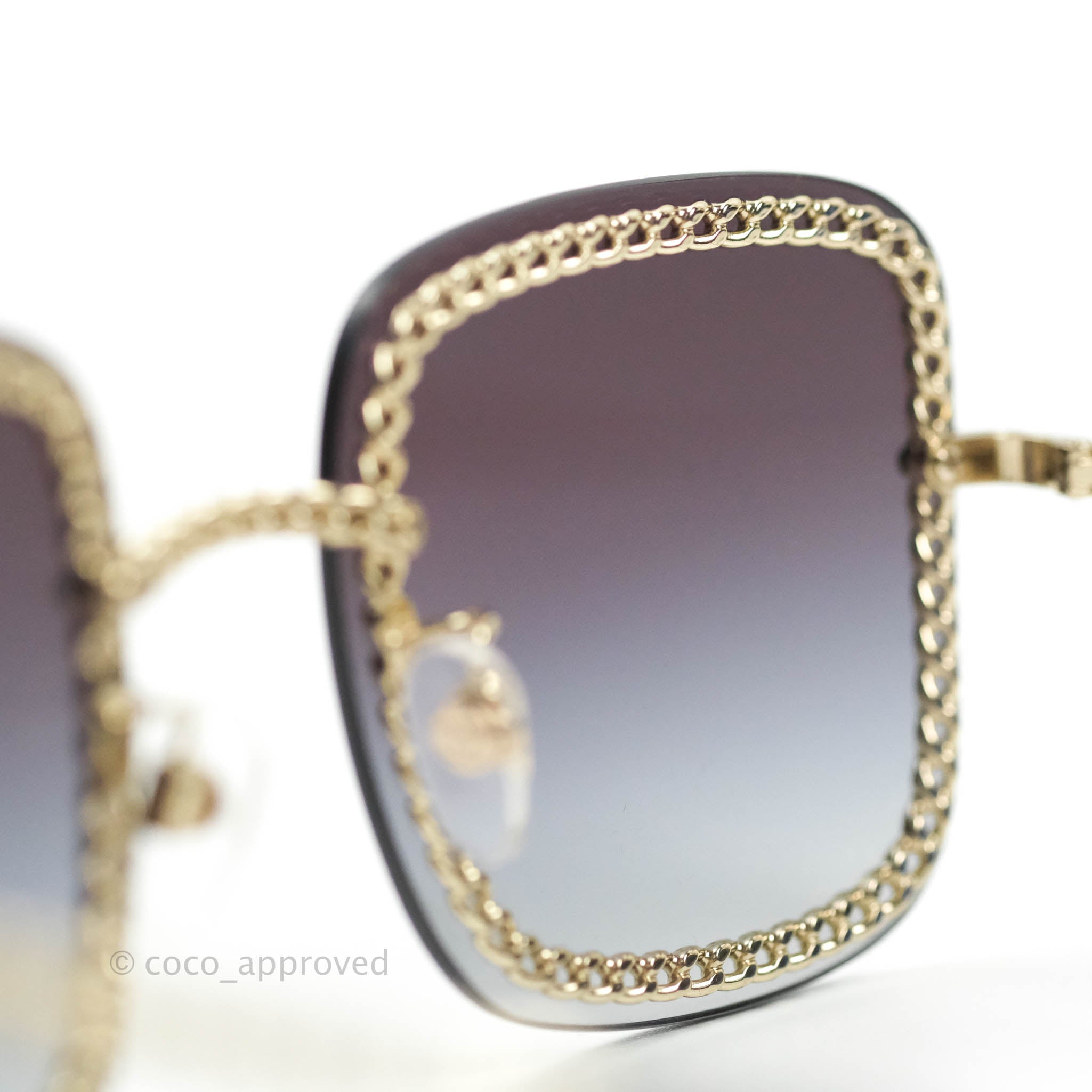 Chanel Square Sunglasses with Gradient Grey Lenses & Gold Chain - Luxury Fashion Sunglasses for Women, Perfect for Beach, Driving & Summer Outfits