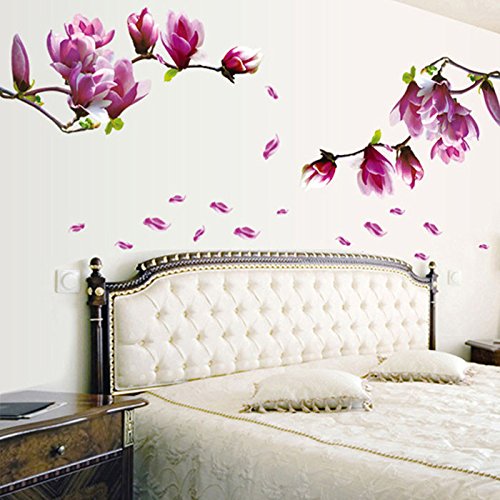 Kimzongxi PVC Wall Sticker - Removable Magnolia Flower Decal for Home Decor (Pink) - Bedroom & Living Room