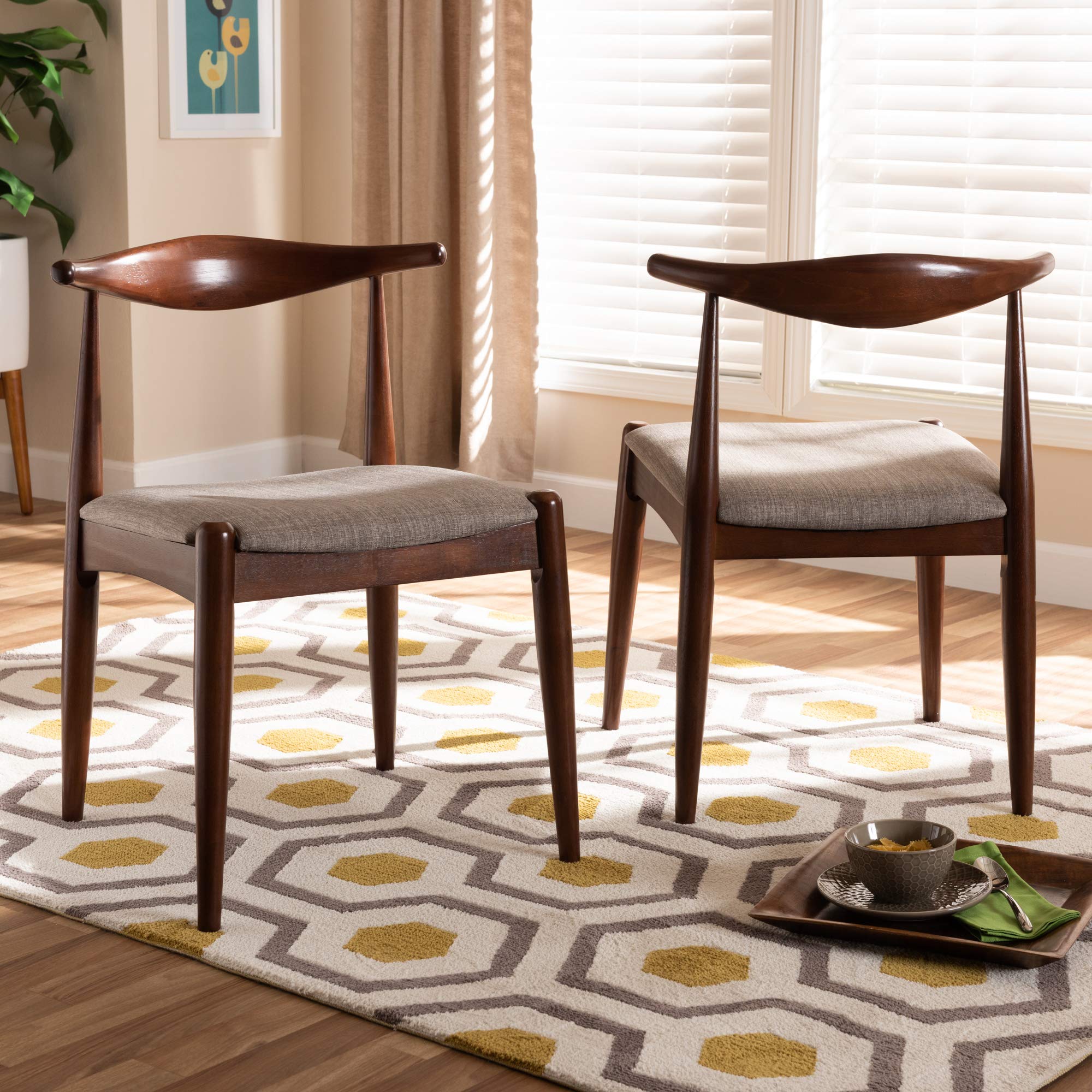 Baxton Studio Modern Dining Chairs Set of 2 - Light Gray Fabric with Walnut Wood Legs - Comfortable Kitchen & Dining Room Chairs for Home & Restaurant Use