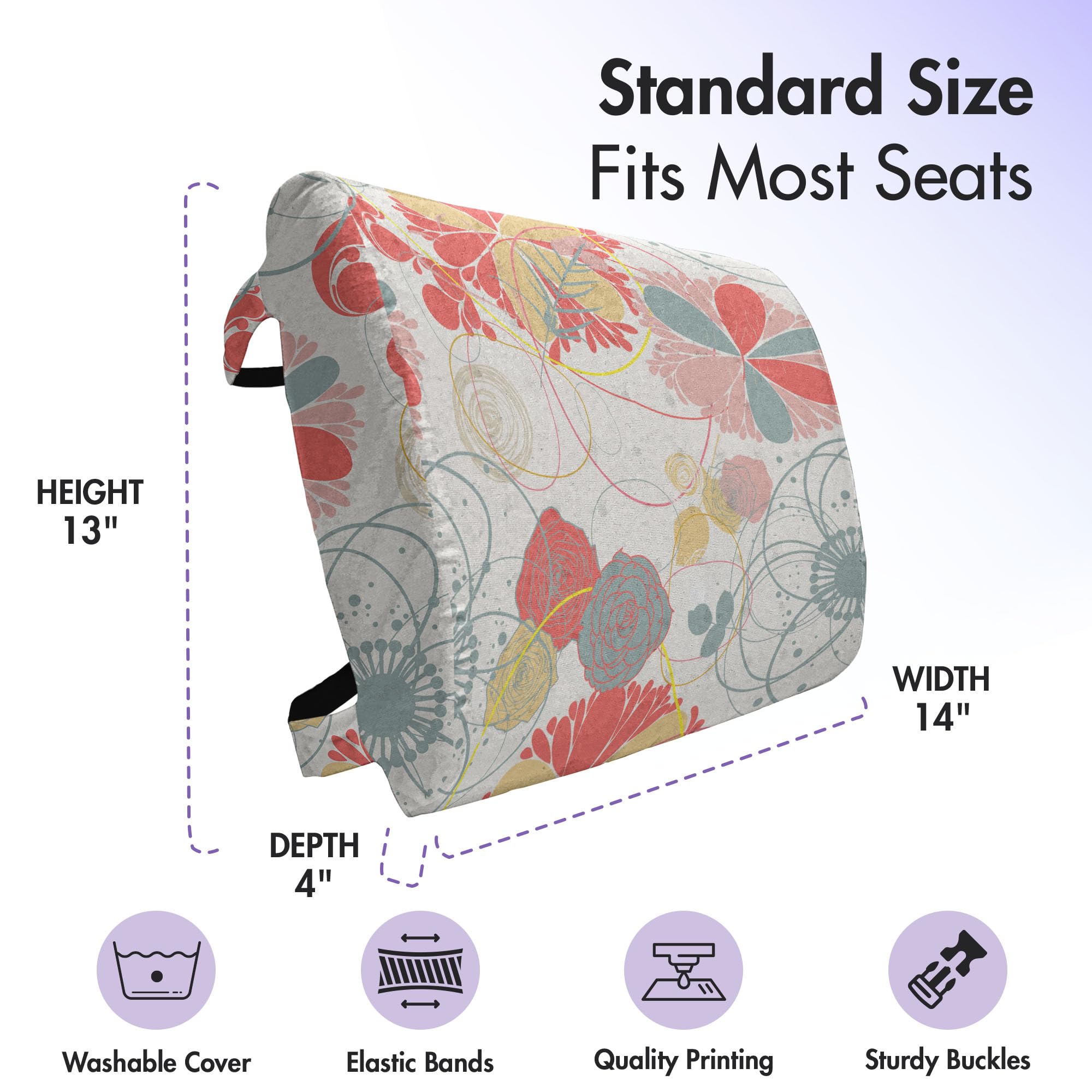 Ambesonne Floral Lumbar Support Pillow - High Density Foam Cushion for Office Chairs & Car Seats, 14x13 Inches, Coral Yellow Grey - Retro Abstract Floral Design with Circles & Swirls - Perfect for Back Pain Relief, Home Office & Long Drives