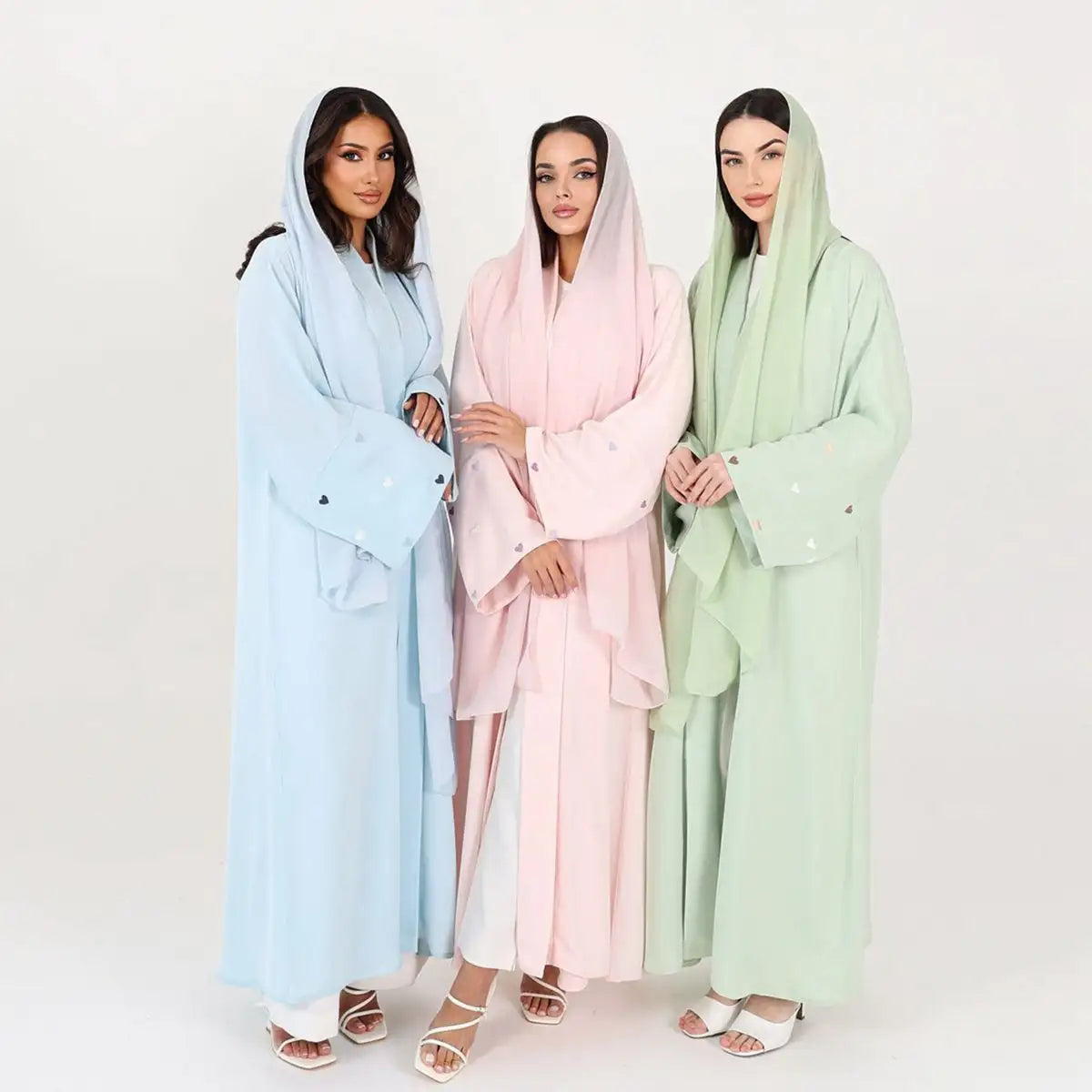 Elegant Heart Embroidery Muslim Women's Nida Cardigan Open Abaya Dress - Perfect for Prayer, Eid, and Special Occasions