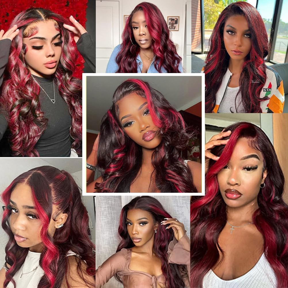 QNQZ 30inch Dark Burgundy Highlight Body Wave Human Hair Wig - 13x4 Lace Front, Pre Plucked with Baby Hair, 180% Density, Rose Red & Black Highlights | Perfect for Cosplay, Parties, and Everyday Glamour
