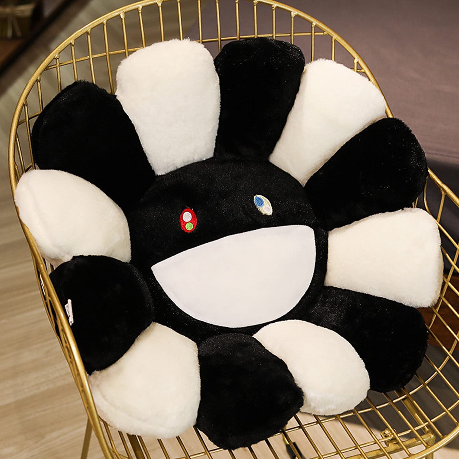 Rainbow Plush Sunflower Throw Pillow with Smiley Face - 60x60cm Soft Floor Cushion for Home Decor, Living Room, Bedroom & Sofa - Perfect for Reading Nook, Lounge Area and Cozy Decorations (Black)
